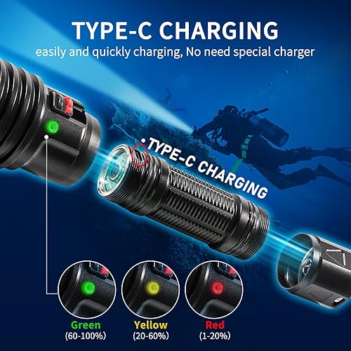 Vista 8 de Luz de buceo, linterna subacuática, 2000 lúmenes luces de buceo buceo, linterna de buceo con carga tipo C para deporte submarino profesional, SM-44