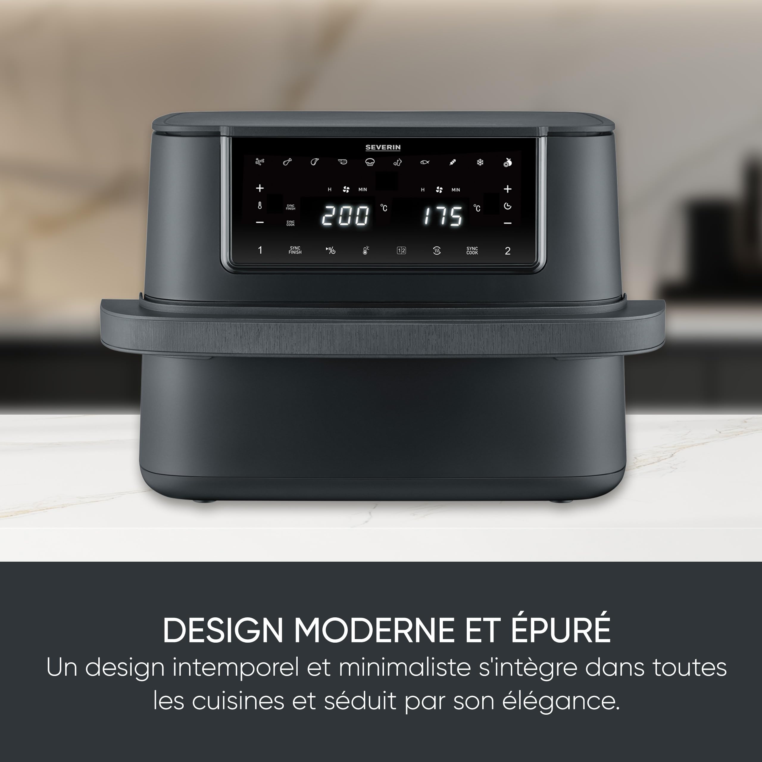 SEVERIN Friteuse à air chaud « Max Zone Flex », Friteuse sans huile avec technologie à air chaud, Air fryer à panier modulable de 9 L, Multicuiseur avec 10 programmes, Noir, FR 9599