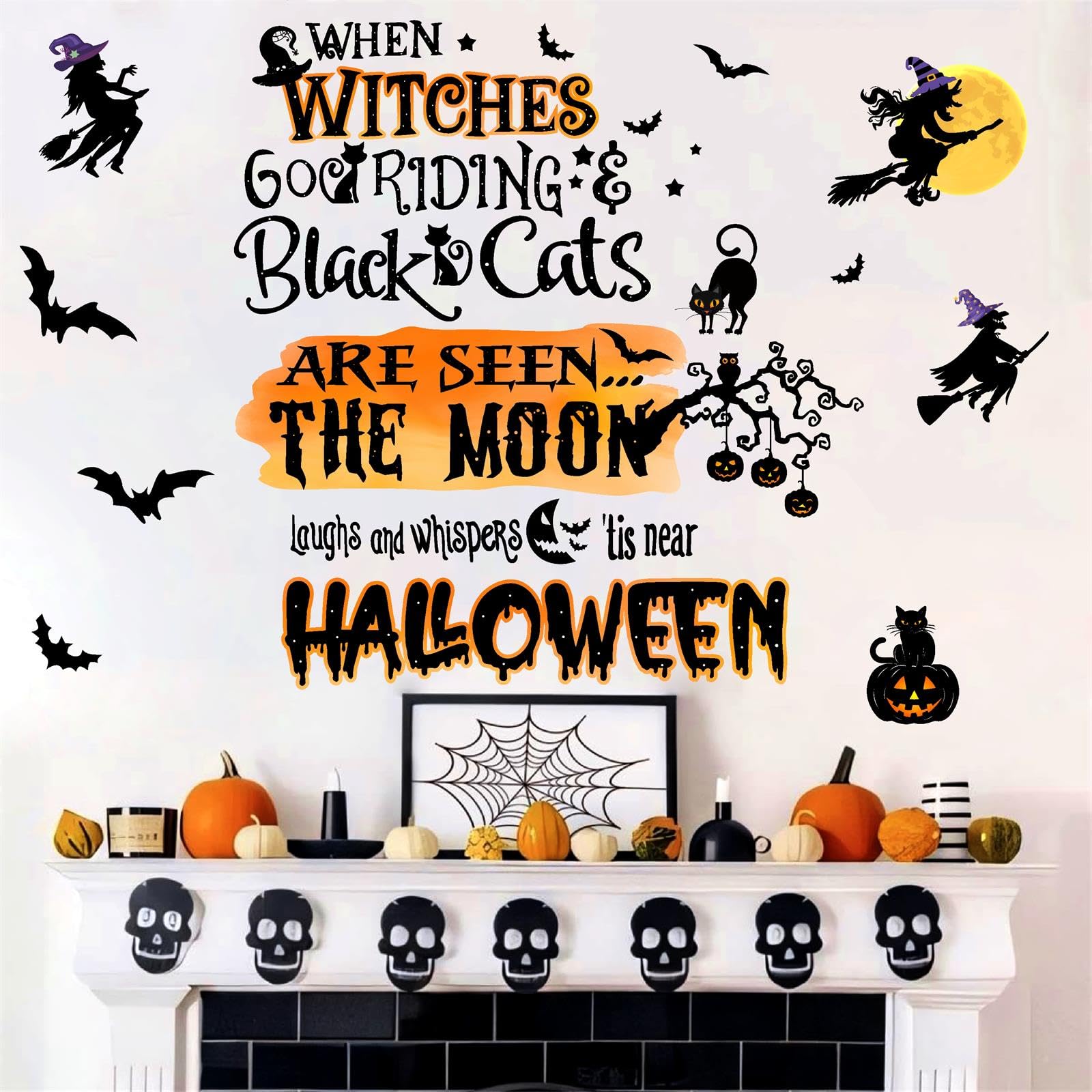 Halloween Wall Stickers Halloween Decoration Decals for Wall Witch Bats Decals Peel and Stick Stickers Funny Quotes Wall Art Murals for Living Room Bedroom Home Halloweens Party Favors Decor