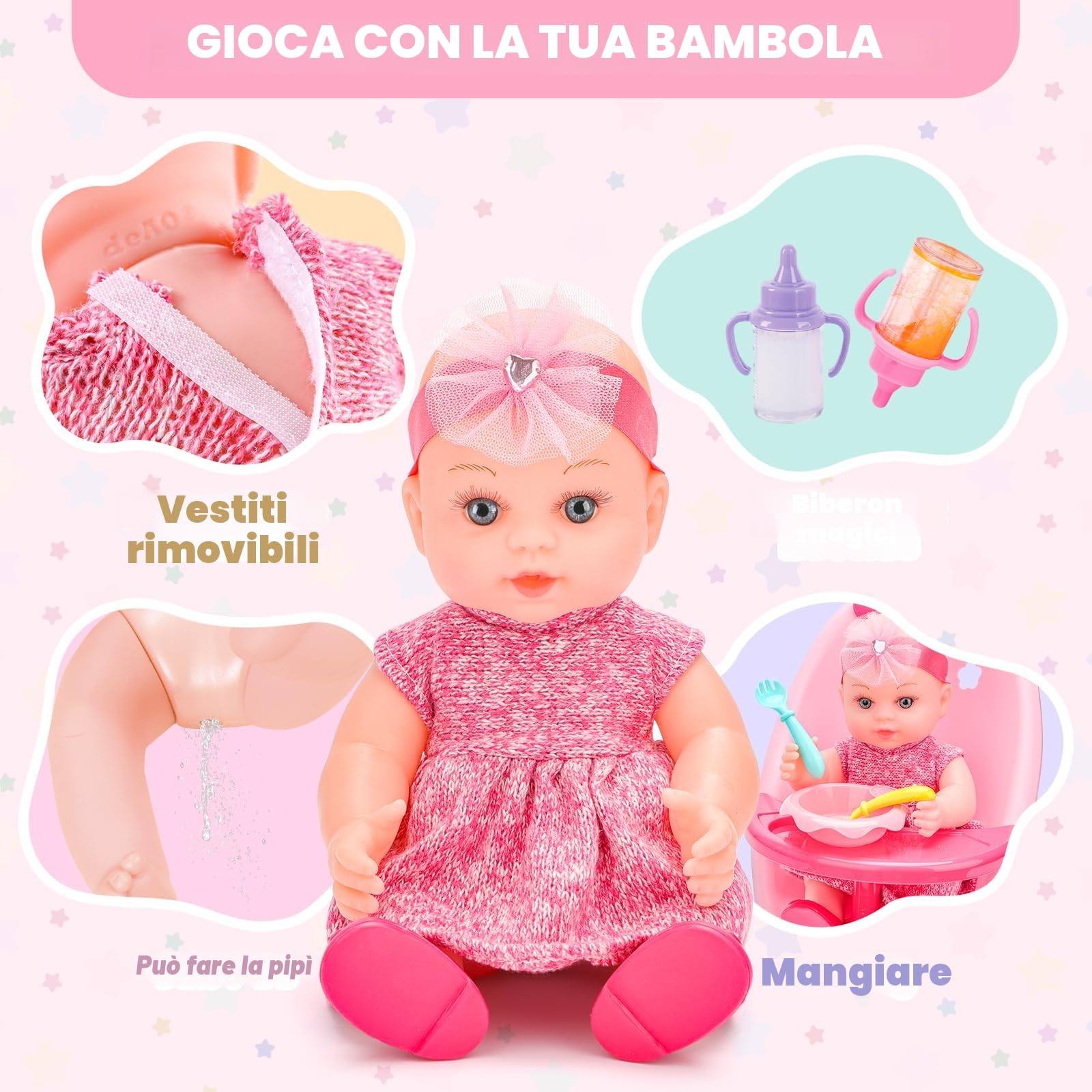 deAO Accessori per Bambolotti Bambole, 12" Bambola Bebè Set Giocattolo Include 2-in-1 Lettino Bambola, Bambole e Biberon, Ciuccio, Pannolini, Pappa e Cura, New Born Baby Dolls per Bambini 3+ Anni