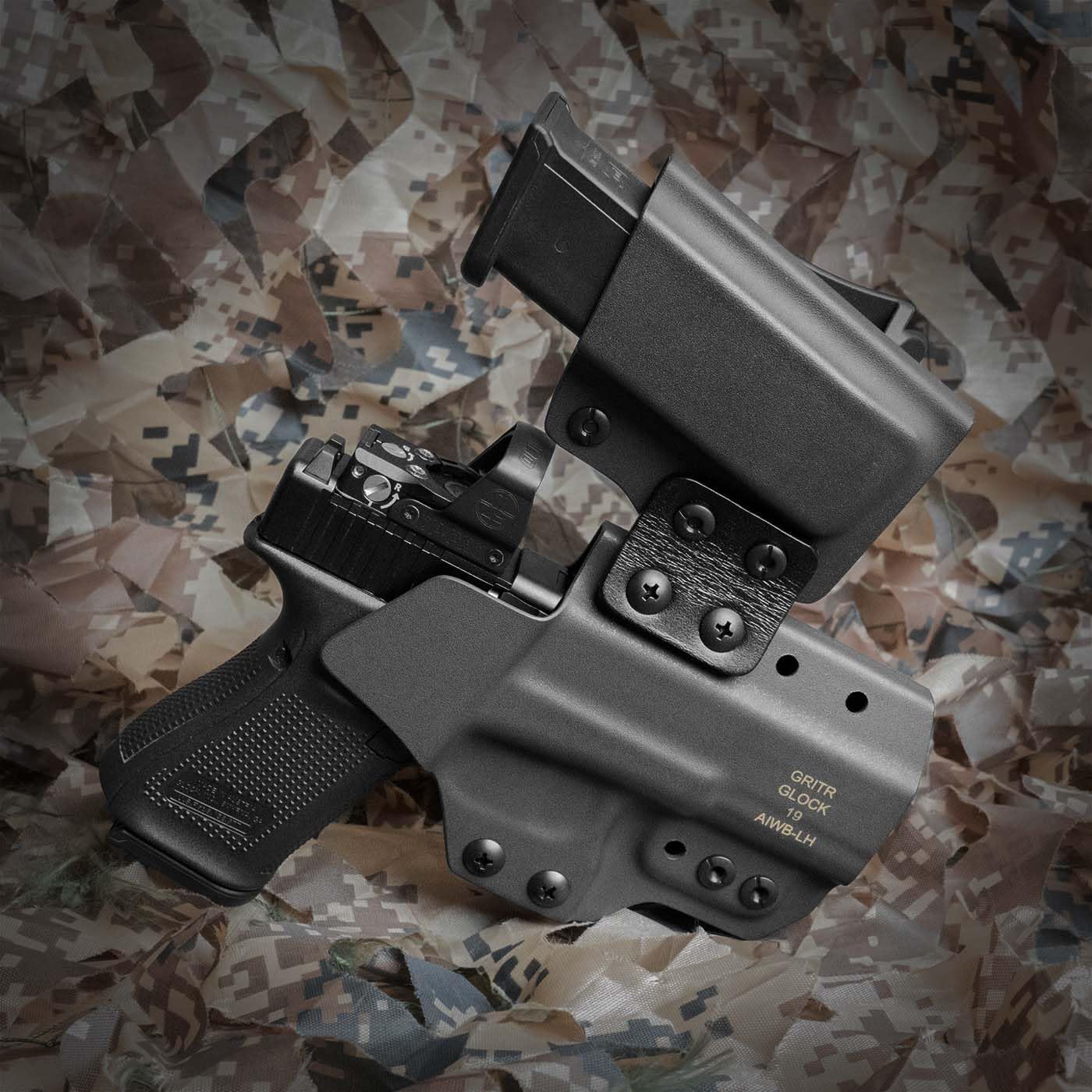 GRITR IWB Appendix Carry Kydex Gun Holster Compatible with Glock 19 w/Integrated Magazine Holder, Open Bottom, Optic Cut, Adjustable Retention - Right/Left Hand Options