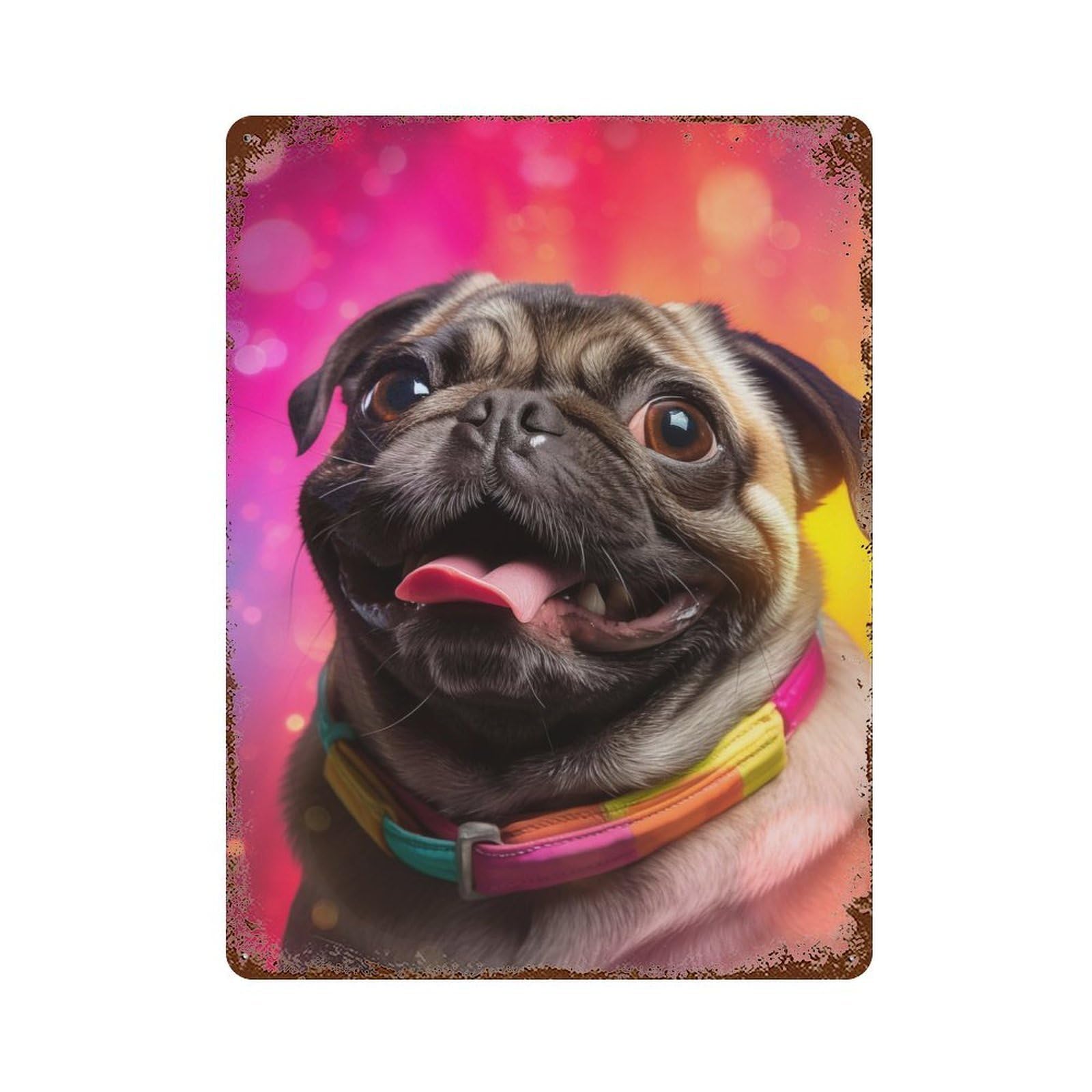 Distressed Metal Wall Sign Pug Fiesta 15.7"x11.8", Vintage Wall Decor for Garage, Bar And Workshop Decor