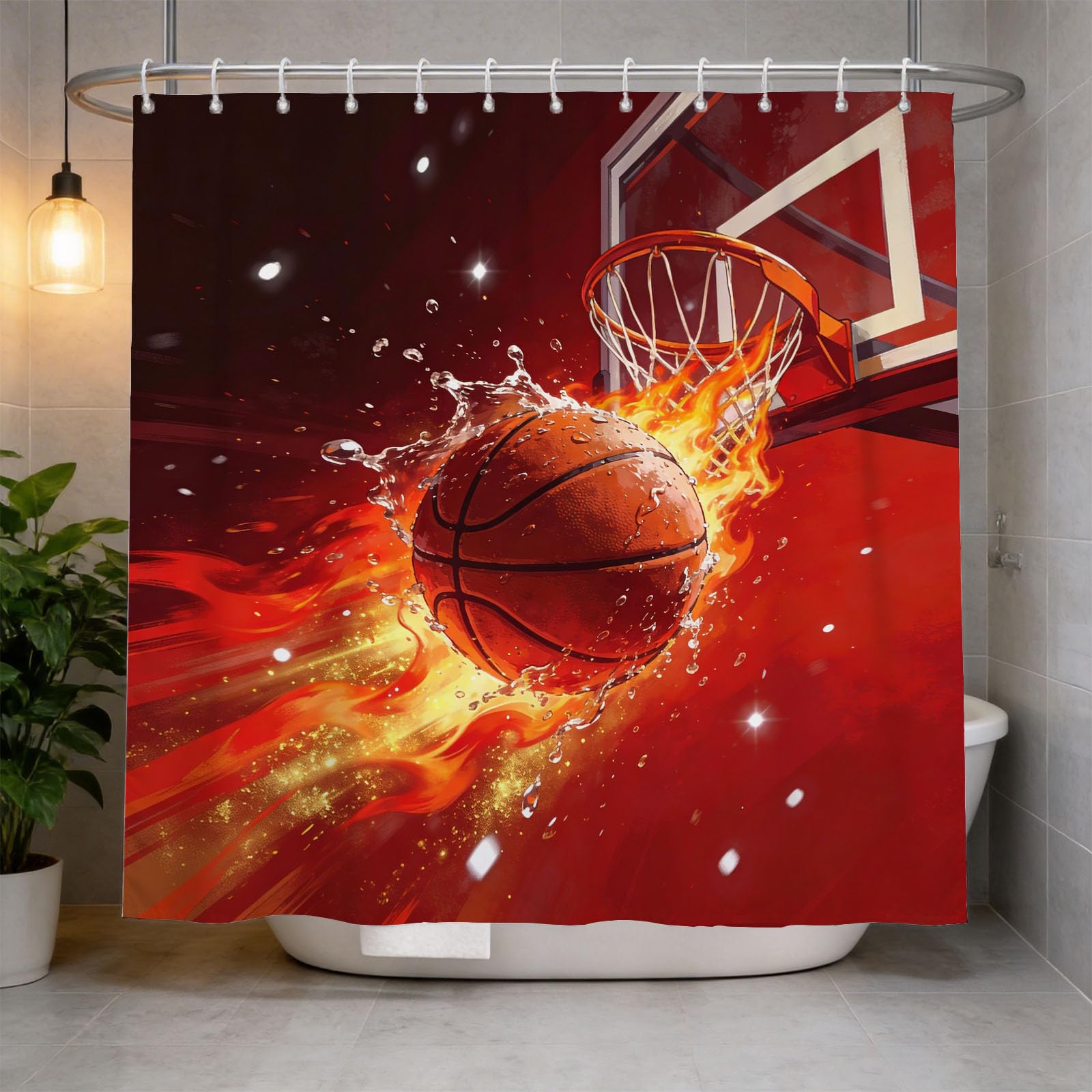 Hongduo 3D Flame Basketball Shower Curtain for Stalls Bathtubs Sports Bathroom Decor Shower Curtain Set Polyester Fabric Waterproof 200x200cm/79X79 Inch with Hooks