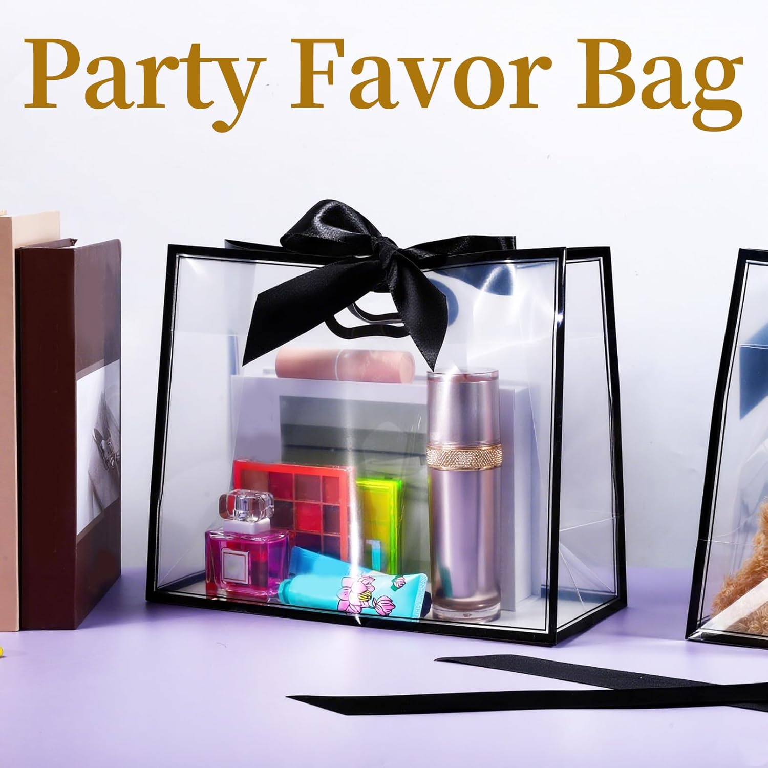 Gdotmely 12 Pcs Clear Plastic Gift Bags with Die Cut Handles,Reusable Party Favor Bags with Ribbons, Clear Gift Bag for Wedding Bridal Baby Shower Birthday Party Business, 12 x 10 x 5''(Black) - Image 3