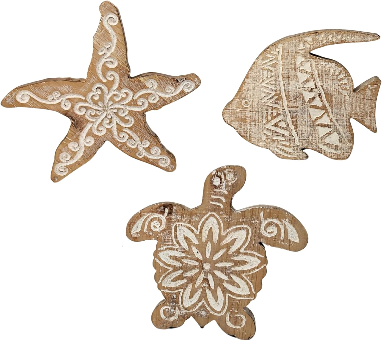 3 Pcs Nautical Wood Décor Set – Starfish, Fish & Sea Turtle–Ocean Marine Tropical Rustic Accents for Home,Bedroom,Bathroom,Living Room, Beach House Wall & Tabletop Decoration, Coastal Beach Theme Gift