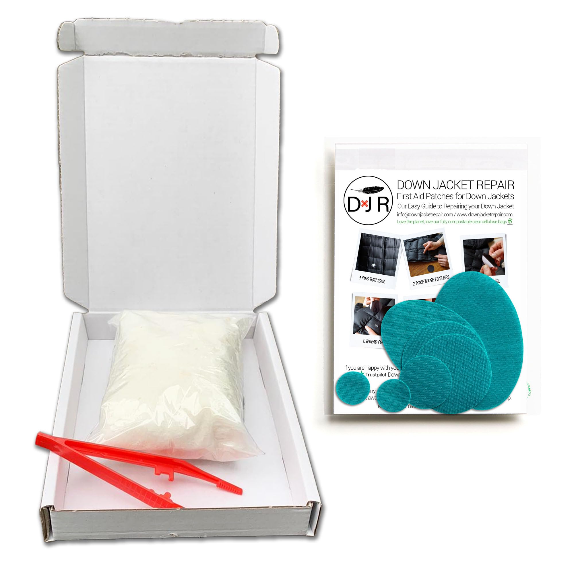 5g 100% Pure Goose Down (Humanely & Ethically Sourced) Bundled with Down Jacket Repair Patch Kit (7 Self-Adhesive, Tear-Resistant & Waterproof Patches) & Insertion Tweezers (Sea Green)