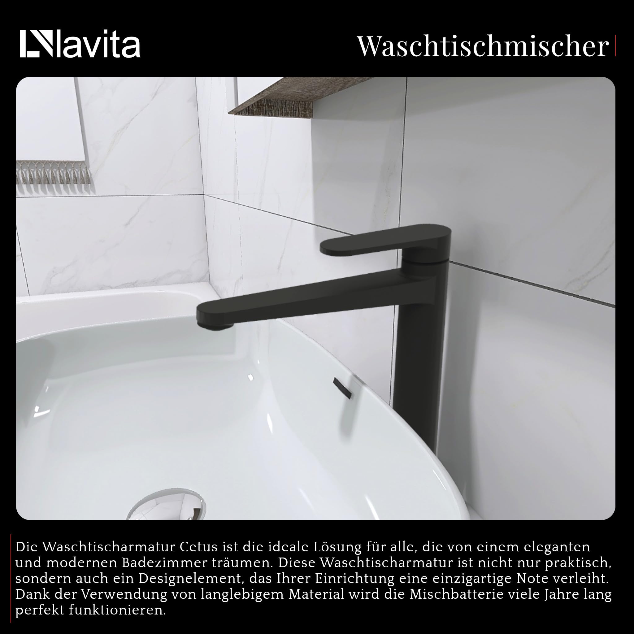 LAVITA Hoch Waschtischarmatur - Cetus Matt Schwarz Aufrechte Wasserhahn Bad Mischbatterie für Waschbecken Waschtisch-Armaturen Badezimmer Mit hoher Auslauf