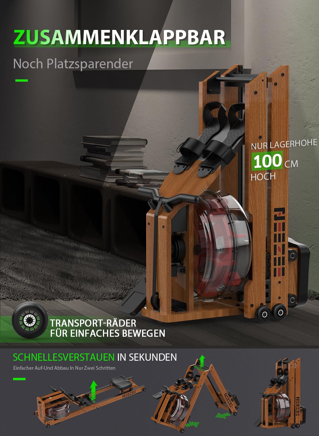 Neezee Wasser Rudergerät für Zuhause, Klappbar Rudergeräte aus Massivholz, Rudermaschine mit Bluetooth Anzeige und Tablet-Halterung, Max 200kg Belastbar, Kompatibel mit Kinomap APP