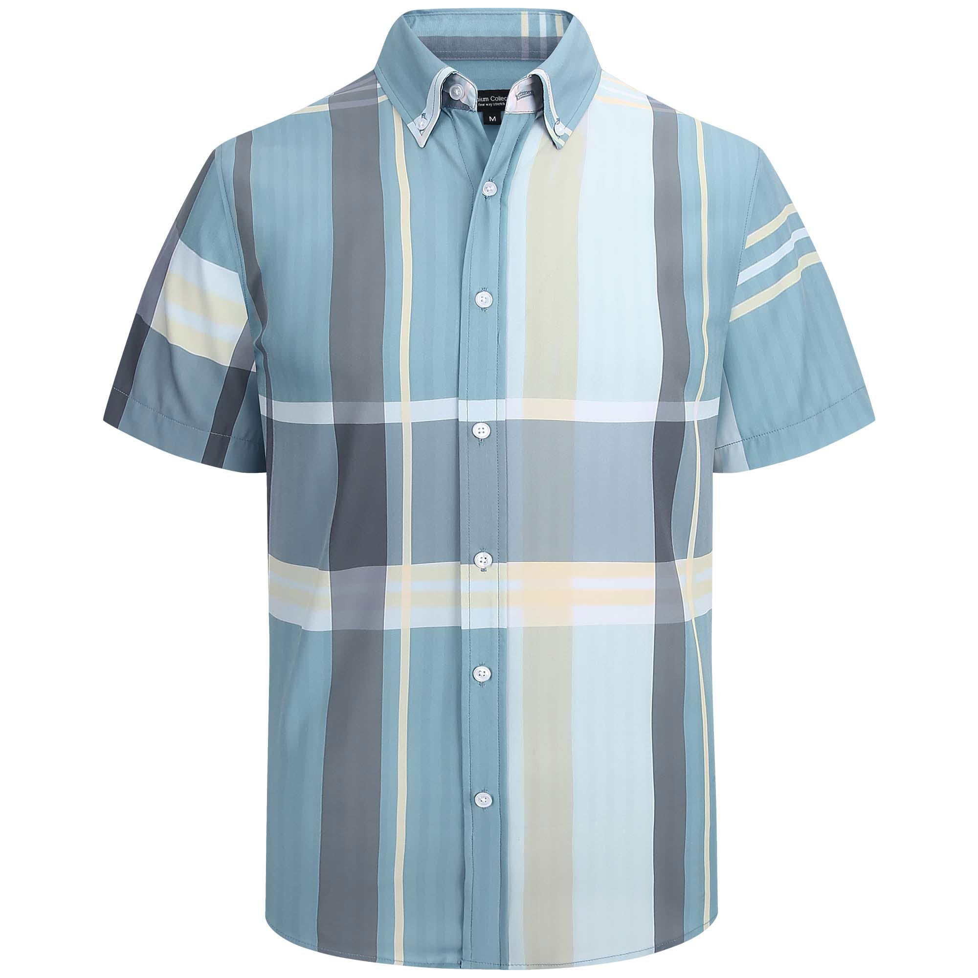 WARHORSEE Men's Plaid Button Down Shirts Short Sleeve 4-Way Stretch Dress Shirts for Men Business Casual Shirts