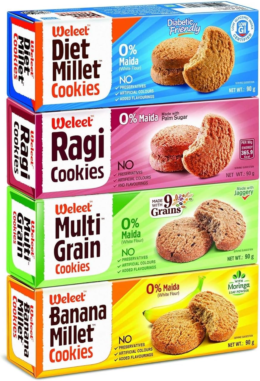 Weleet Assorted Pack Of Multi Grain, Millet, Ragi & Banana Millet Digestive Cookies|Home/Office Snack|Free Of White Sugar & White Flour|100% Natural & Healthy (4 Flavours-360 Gm)