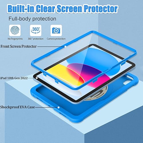 Miniatura 5 de TIRIN Funda infantil para iPad de 10 generación 2022, iPad de 10.9 pulgadas con protector de pantalla integrado, soporte giratorio de correa de mano