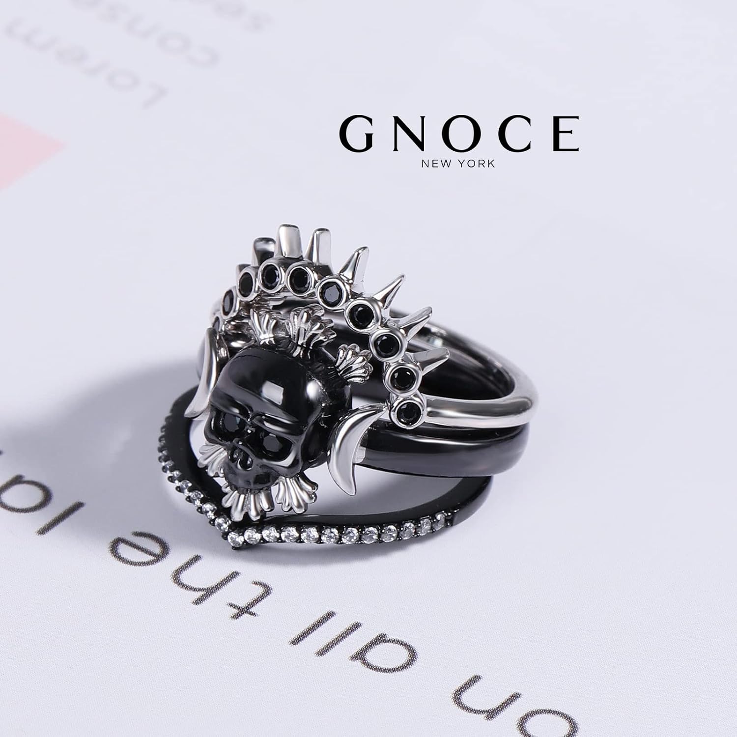 GNOCE 3Pcs Skull Style Stackable Ring Sterling Silver Endless Love Fashion Skull Rings Band Black Plated Jewelry For Women Men Engagement Anniversary
