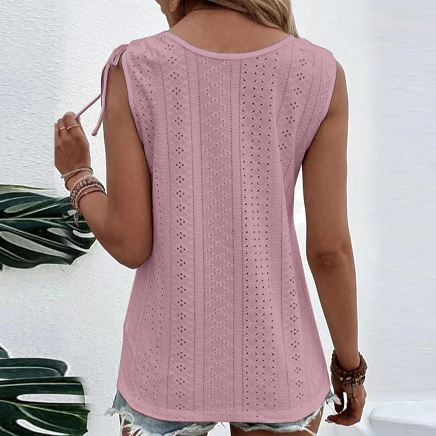 Women Eyelet Tops Sleeveless U Neck Blouse Button Front Tie-Shoulder Shirt Solid Color Summer Tank Cami Blouse image 4