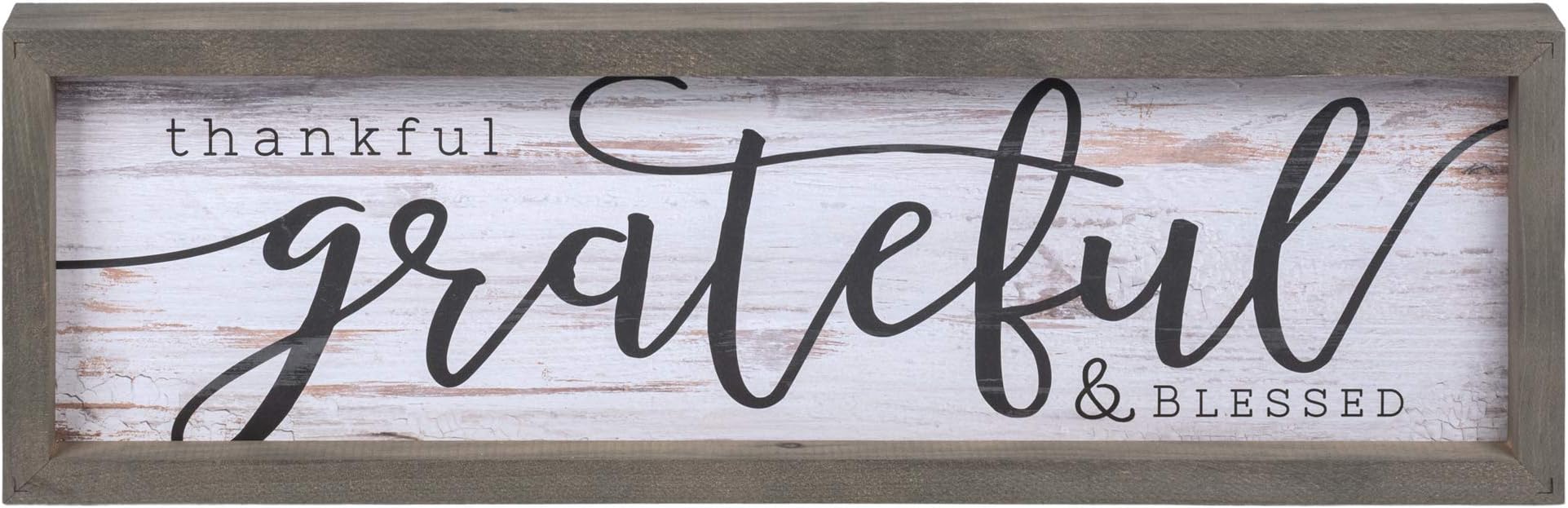 Thankful Grateful Blessed Grey White 24.6 x 7.8 Inch Solid Pine Wood Farmhouse Frame Wall Plaque