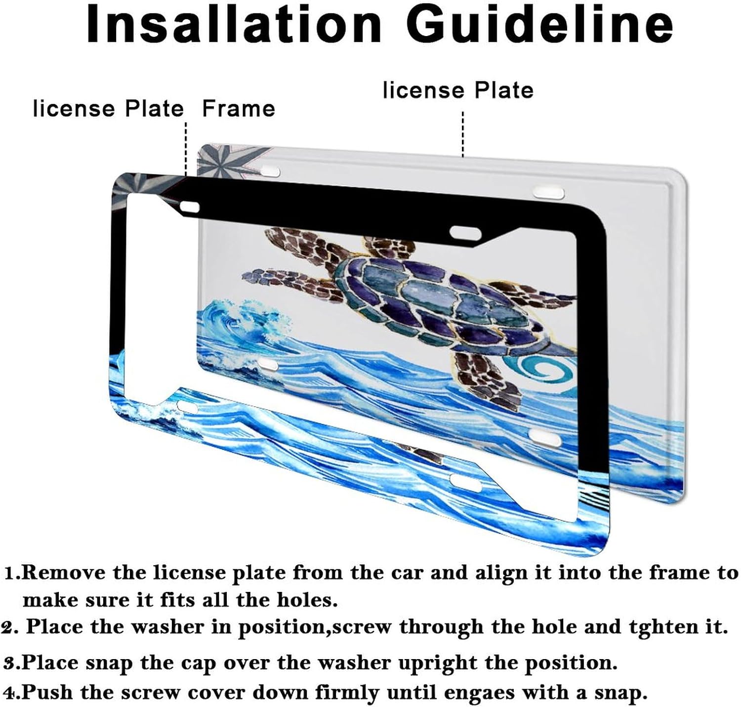 Liscensenplate Ocean Beach Nautical Sea Turtle Decorative Car Front License Plate with Screws Coastal Tropical Theme Picture Aluminum Metal License Plate Frame for Men Women Rust-Proof image 3