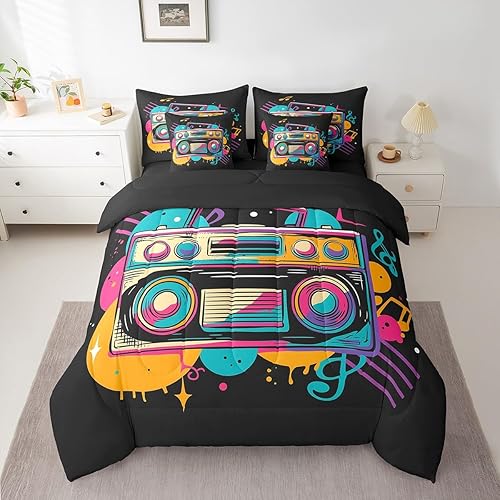Miniatura 12 de Erosebridal Juego de ropa de cama retro con música de Memphis, 7 piezas, tamaño matrimonial de los años 80 y 90, ropa de cama en una bolsa con