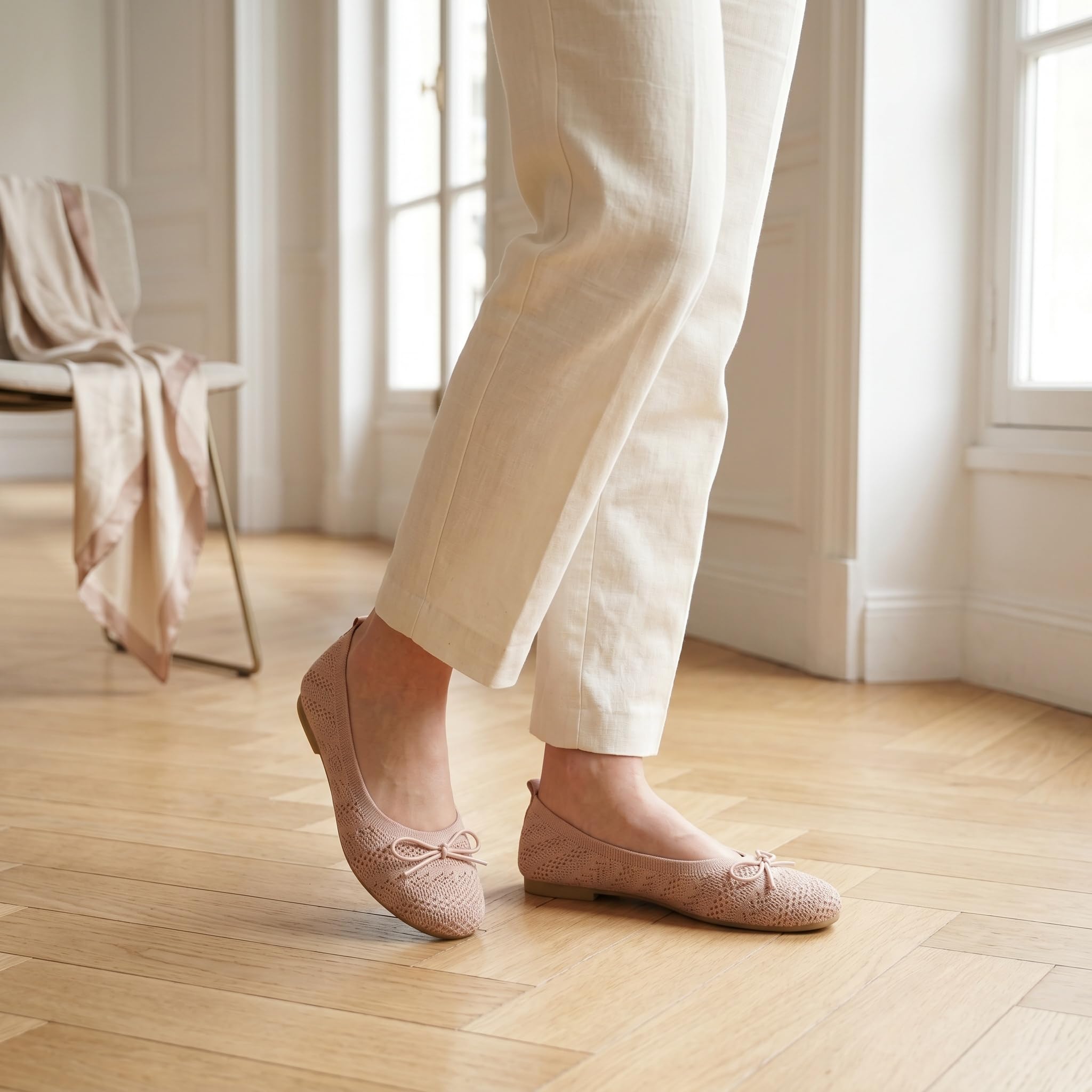 Ballerines en tissu pour femme, avec nœud, antidérapantes, type manolétine ultra douce