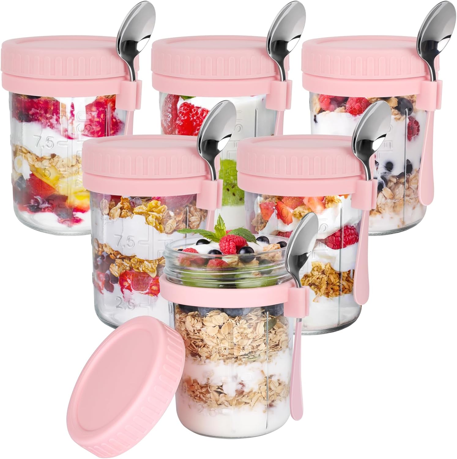 OcePor 6 Pack Overnight Oats Containers with Lids and Spoons, 16 OZ Glass Mason Overnight Oats Jars, Large Capacity Airtight Jars for Milk, Cereal, Fruit(Pink)