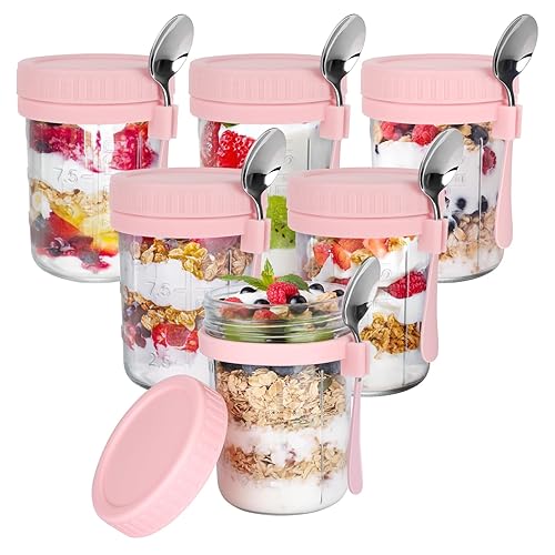 OcePor 6 Pack Overnight Oats Containers with Lids and Spoons, 16 OZ Glass Mason Overnight Oats Jars, Large Capacity Airtight Jars for Milk, Cereal, Fruit(Pink) - Pink