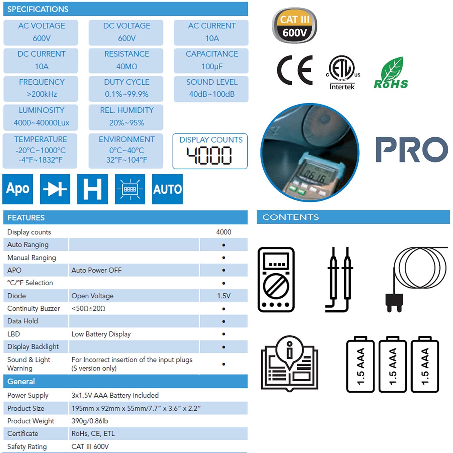 C-LOGIC 5300 Multímetro Digital Profesional Medición de Humedad Luminosidad (Lux) y Nivel de Sonido (Db) 4000 cuentas Tension DC/AC 600V Corriente AC/DC 10A Autorango CAT III