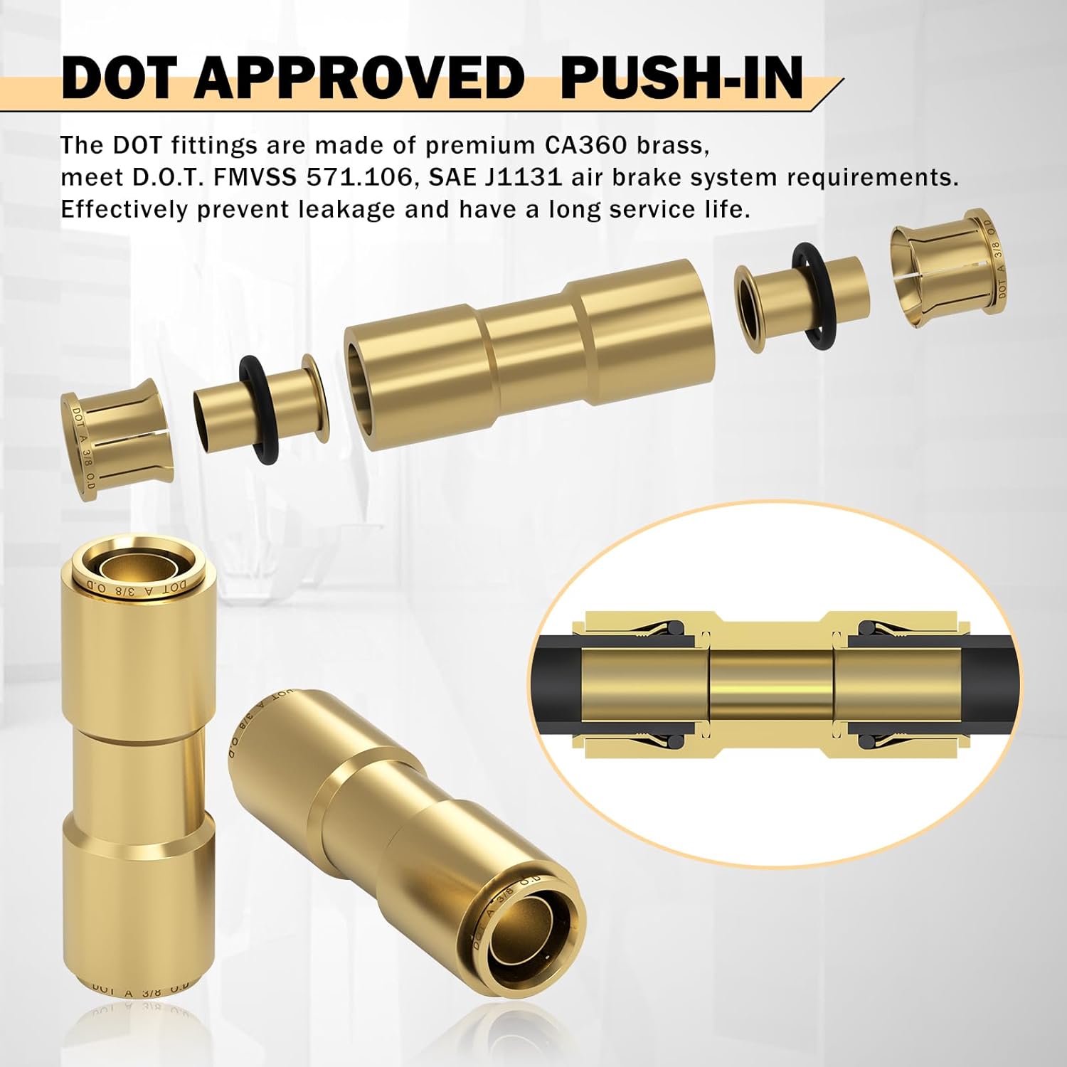 CheeMuii 6 PCS 3/8 Brass DOT Air Line Fitting Straight Union Quick Connect Fittings 3/8 Air Hose DOT Air Fittings for Semi Truck Trailers Industry Air System