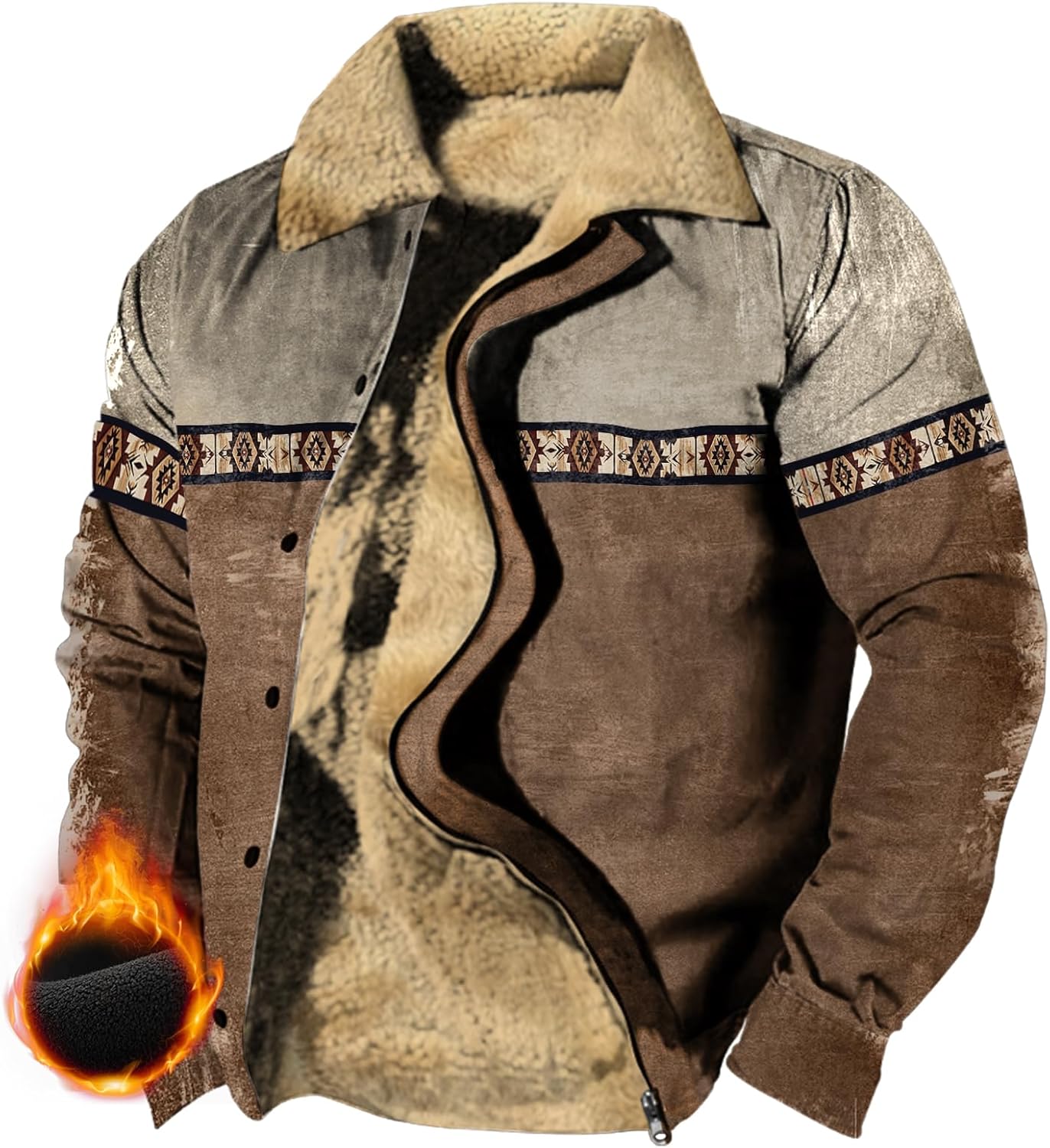 Western Cowboy Ethnic Jackets for Men Longhorns Graphic Fleece Zip Up Trucker Jackets Heavyweight Work Coat