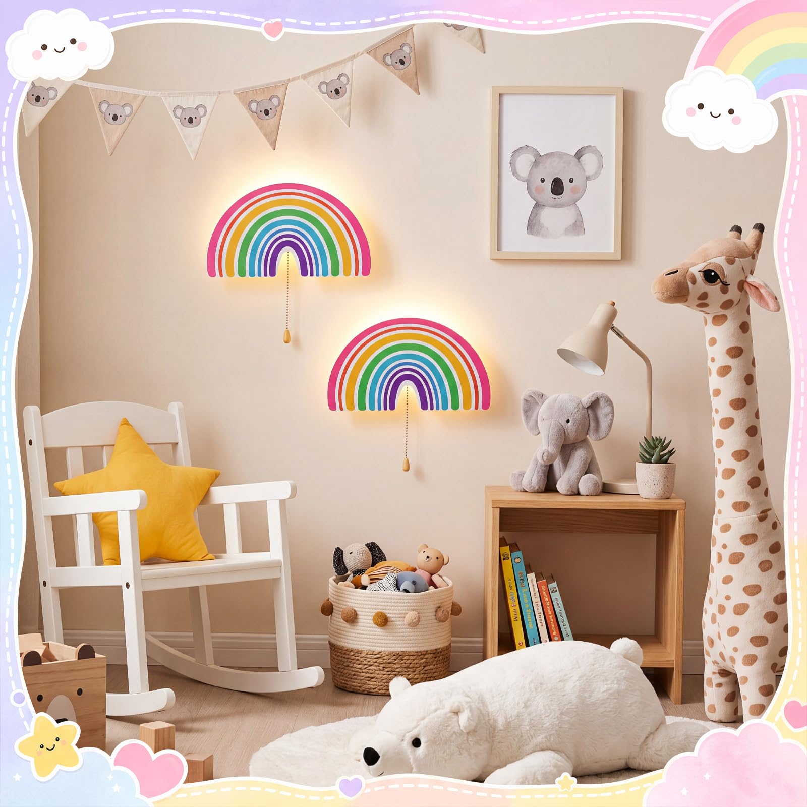 Nuanchu 2 luces de noche arcoíris para niñas, bonita lámpara LED flotante para decoración de habitación de niños, guardería, luz nocturna con batería o USB, para pared, dormitorio, mesa, oficina