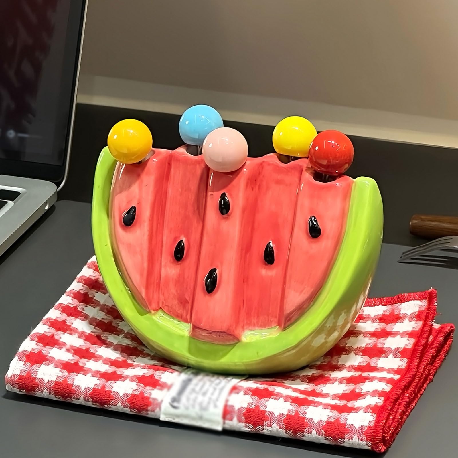 Fourchettes à Dessert, Fourchette à Fruits en Acier Inoxydable avec Boîte de Rangement Céramique en Forme de Pastèque & 5 Fourchettes réutilisables pour Cuisine, Fête