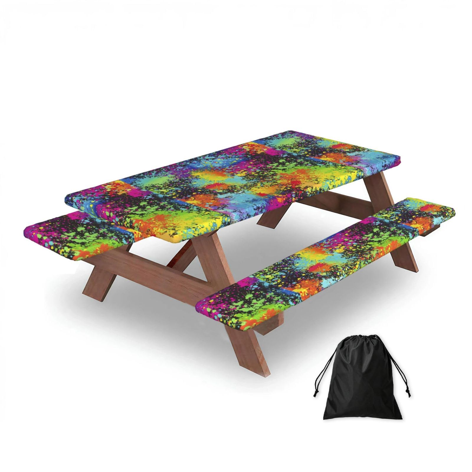 Dopklna As Picture Rainbow Of Neon Paint Splatters, Picnic Table Cover With Bench Covers -Waterproof Elastic Fitted Tablecloth For Garden Camping Patio 76X152cm