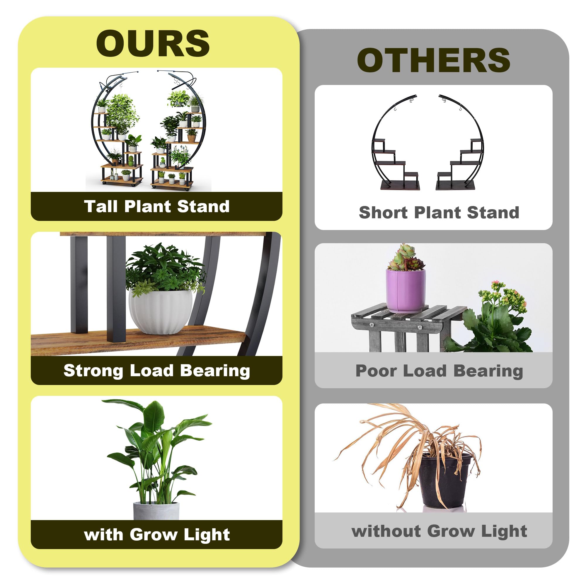 HOPERAN Plant Stand with Grow Light, 6 Tier Tall Plant Stand Indoor with 4 Hanging Hooks, Half Moon Shaped Ladder Plant Shelf Display Holder, Large Plant Rack for Living Room, Patio, Balcony