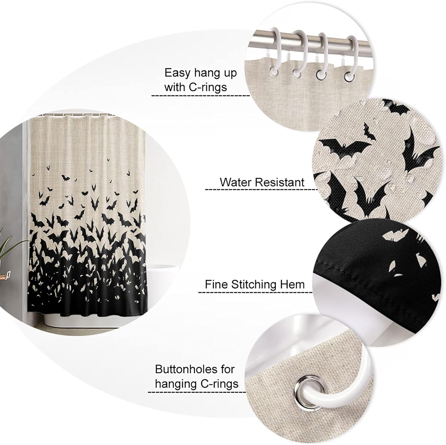 Halloween Shower Curtain for Bathroom Black Horror Bats Shower Curtains Set with Hooks Retro Texture Backdrop For Halloween Decoration Bath Curtains Sets Polyester Waterproof Extra Long 72" x 96"