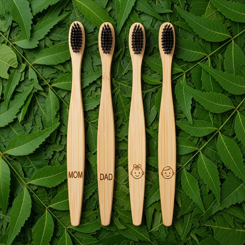 Family Neem Wood Toothbrush Set of 4 | Eco-Friendly Biodegradable Wooden Toothbrushes | Engraved MOM, DAD, Boy & Girl Design | Natural Plastic-Free Oral Care for Healthy Smiles-image-3