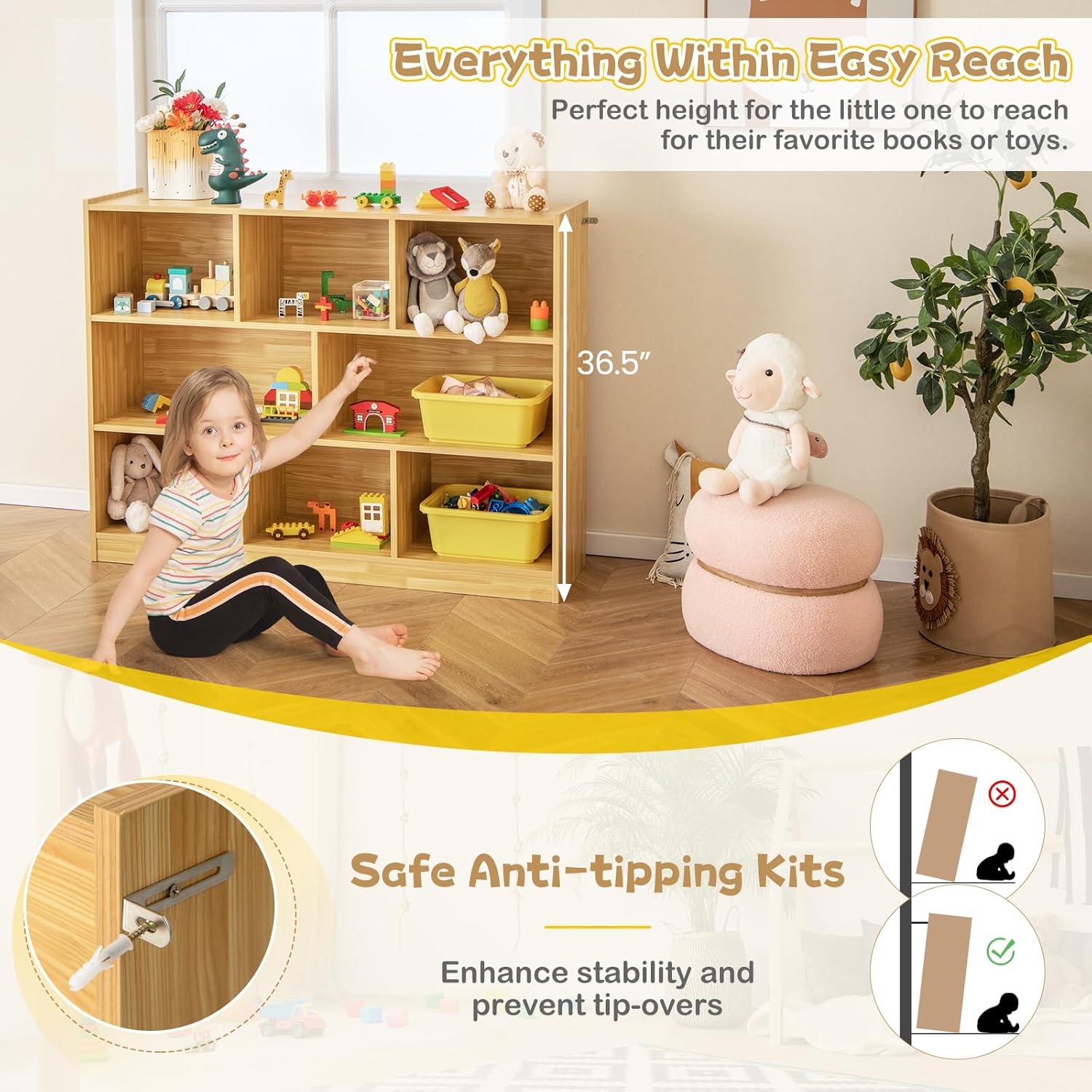 HOMGX Kids Montessori Shelf, 8-Cube Wooden Toy Storage Organizer, 3 Tier Open Kids Bookshelf for Classroom, Bedroom & Playroom, Yellow, CB10403