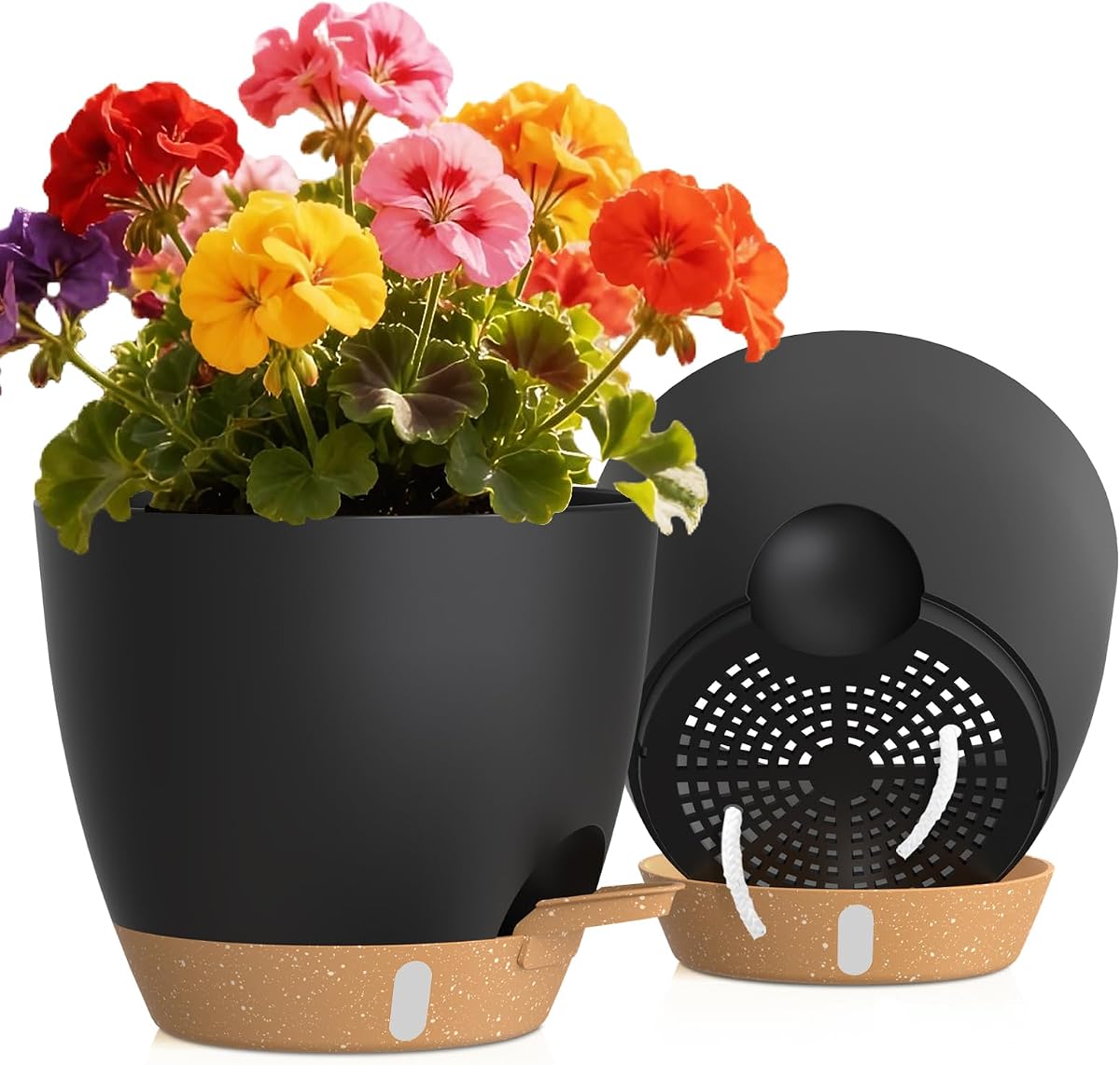 Self Watering Pots with Drainage Holes, 2 Pack 8 Inch Plant Pots with Water Level Indicator Deep Reservoir, Large Plastic Planter for Indoor Outdoor Plants - Black Brown