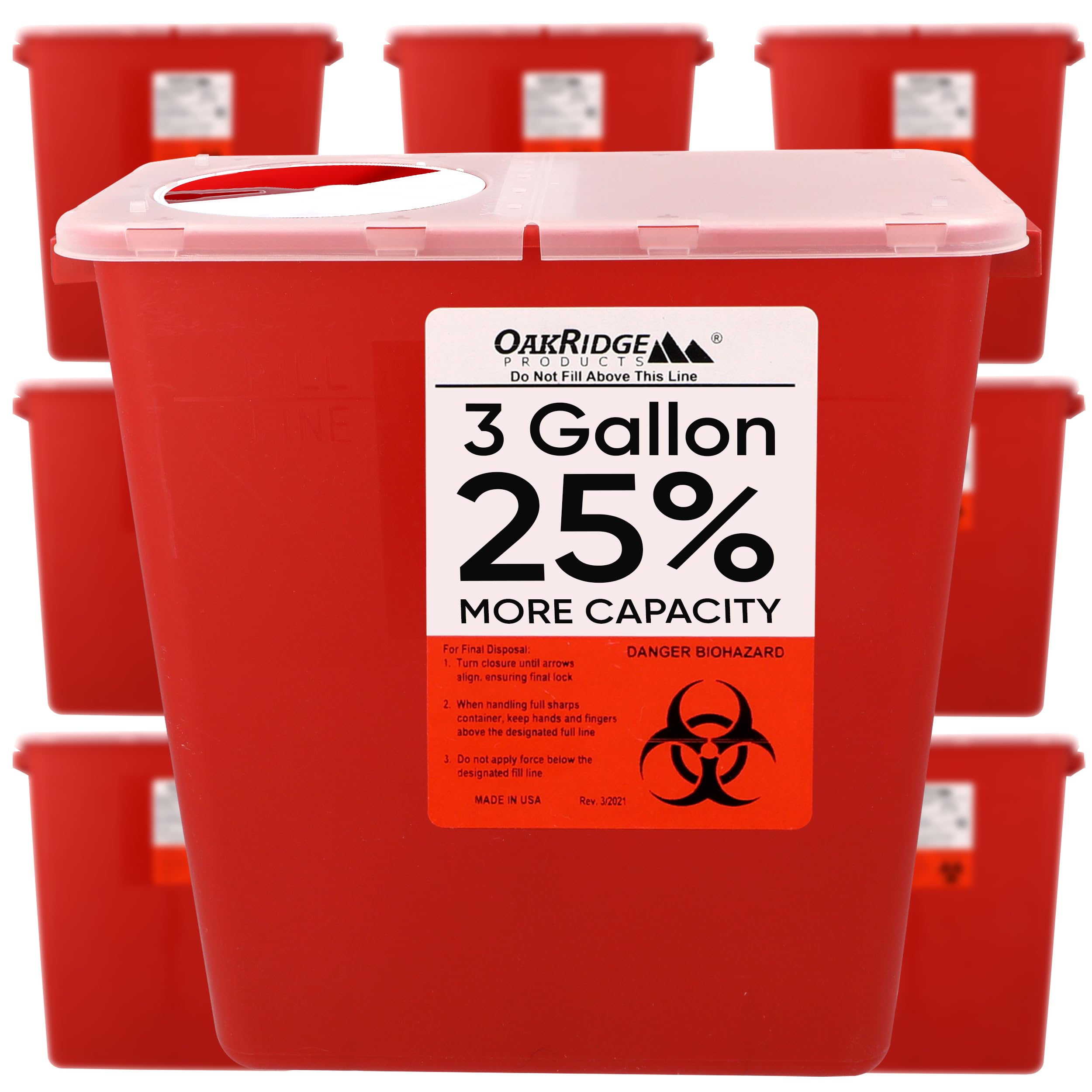 Oakridge Products Large Sharps Container for Home Use and Professional 3 Gallon (10-Pack) with Rotating lid, Biohazard Needle and Syringe Disposal,