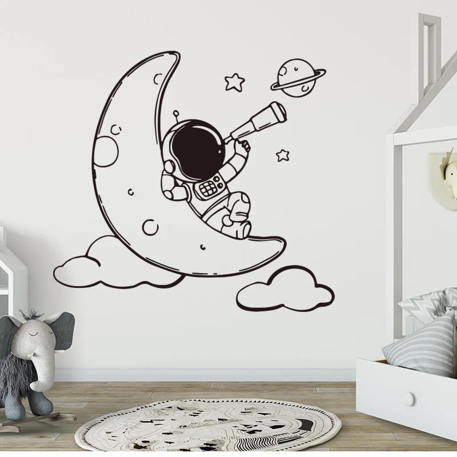 YOUOUSI Sky Astronomy Star and Moon Telescope Wall Sticker Astronaut Space Moon Wall Sticker Nursery Children's Room Vinyl Art Decal