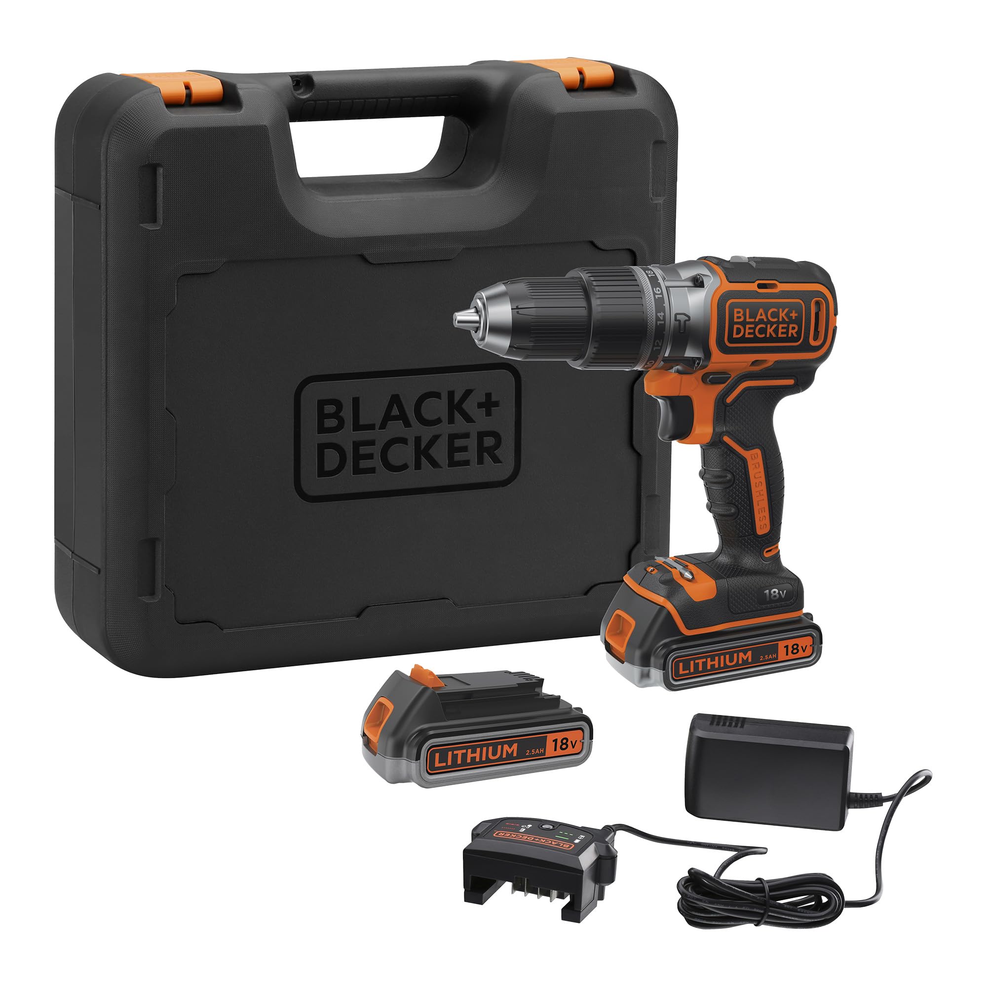 BLACK+DECKER Taladro percutor inalámbrico de 18V con 2 baterías de 2,5Ah, velocidad variable, 2 engranajes, 52Nm de par, POWERCONNECT, BL188E2K-QW