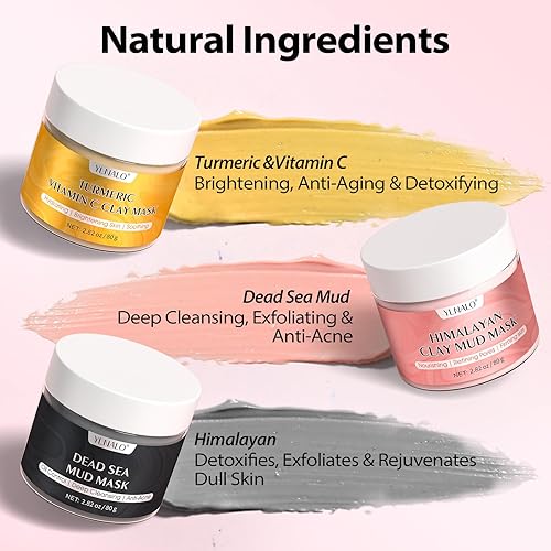Miniatura 3 de Juego de 3 mascarillas faciales de arcilla, cúrcuma con vitamina C, del mar muerto y arcilla del Himalaya, para limpieza profunda, hidratación y