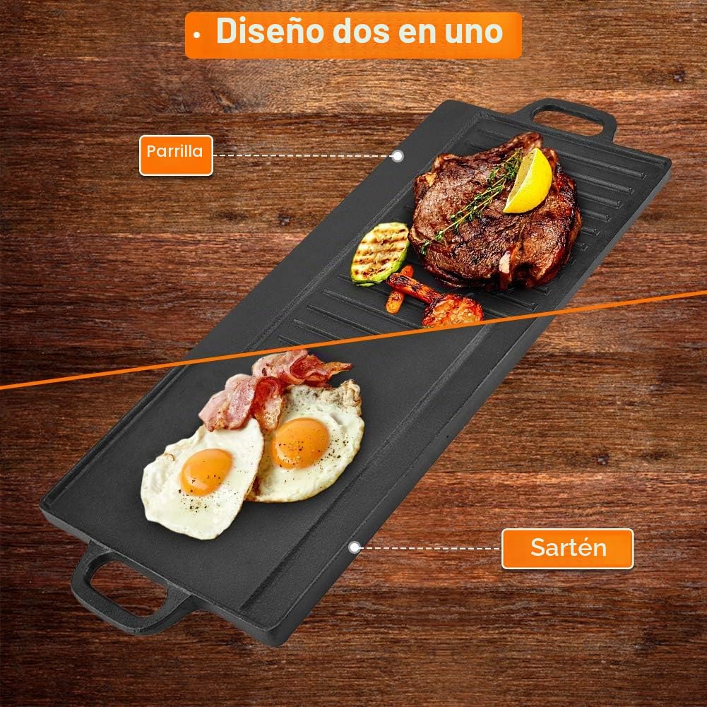 Parrilla antiadherente de hierro fundido Sartén de doble cara Placa de hierro para barbacoa Sartenes de hierro fundido Parrilla rectangular con dos asas Sartén para hornear Utensilios para hornear
