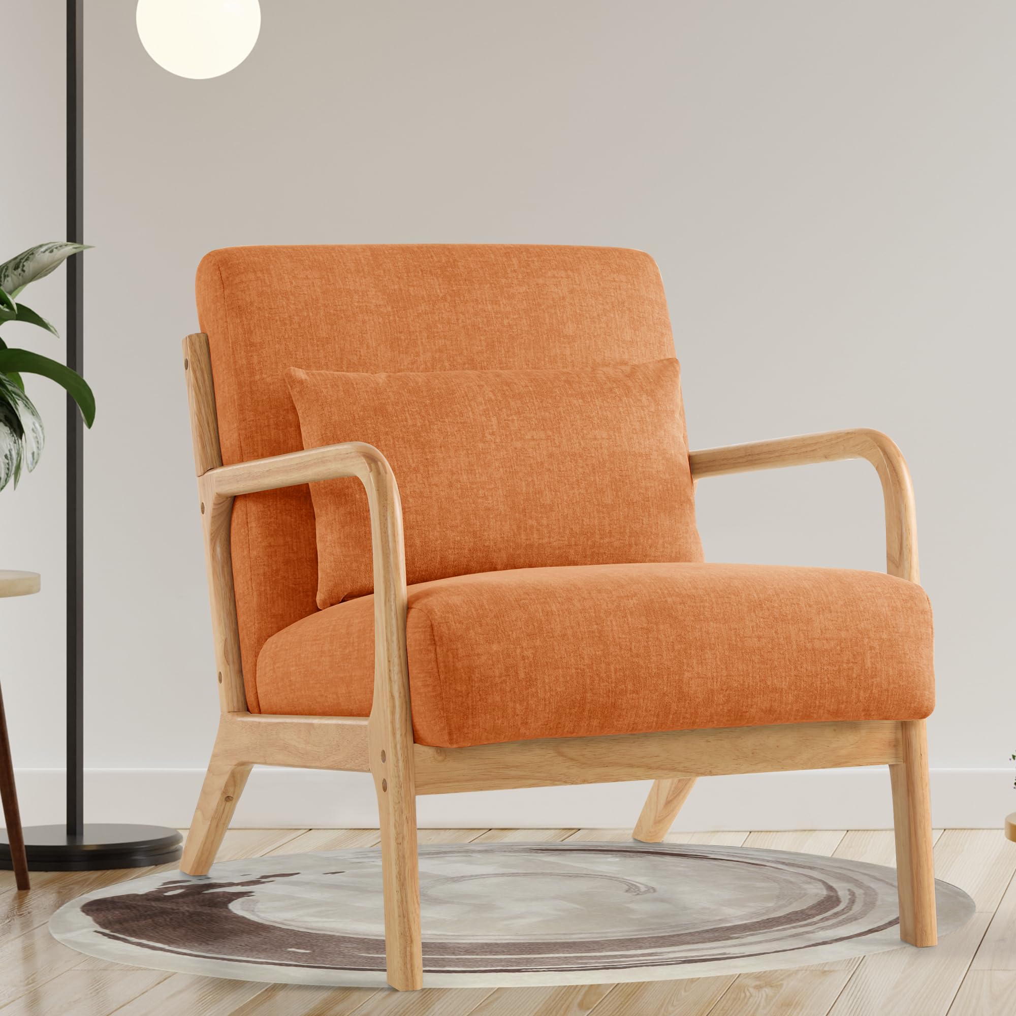 Aunekiv Midcentury Modern Accent Chair Living Room Armchair with Pillow, Upholstered Comfy Reading Chair with Solid Wood Frame for Small Spaces Bedroom Apartment Balcony, Orange(1PC)