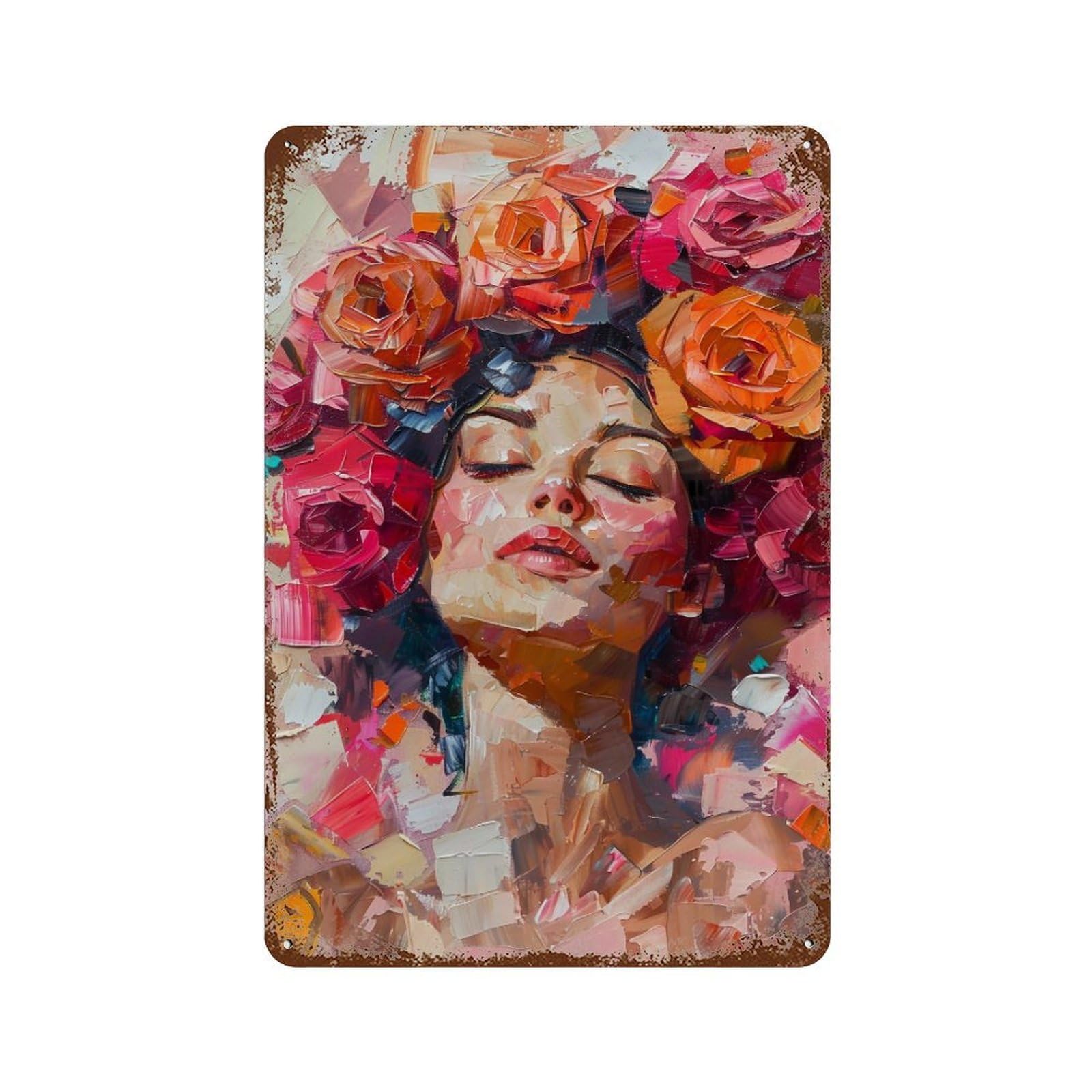 FHUYEURHRY Woman with Red Roses Impasto 02 Wall Decor Retro Iron Vintage Art Metal Tin Sign Poster Modern Home Cofffee Club Art Bar Shop Decorations Style-8 30x20cm