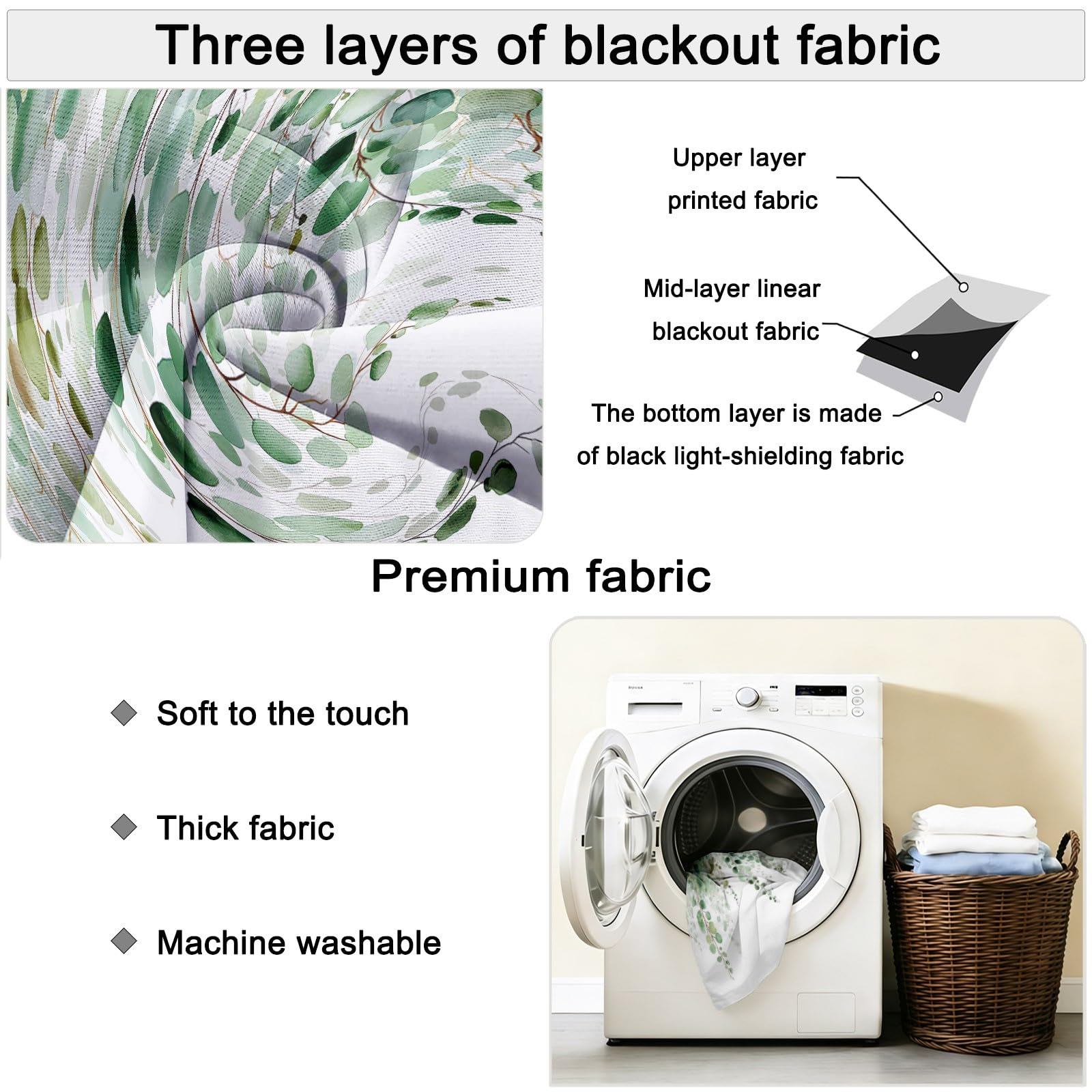 Generisch Vorhänge Aquarell Pflanzen Ranken Motiv, Natur Landhausstil Blickdichte Vorhänge für Wohnzimmer Schlafzimmer Deko, Grün Thermo Verdunklungsvorhänge mit Ösen, 5er Set H245 x B100 cm