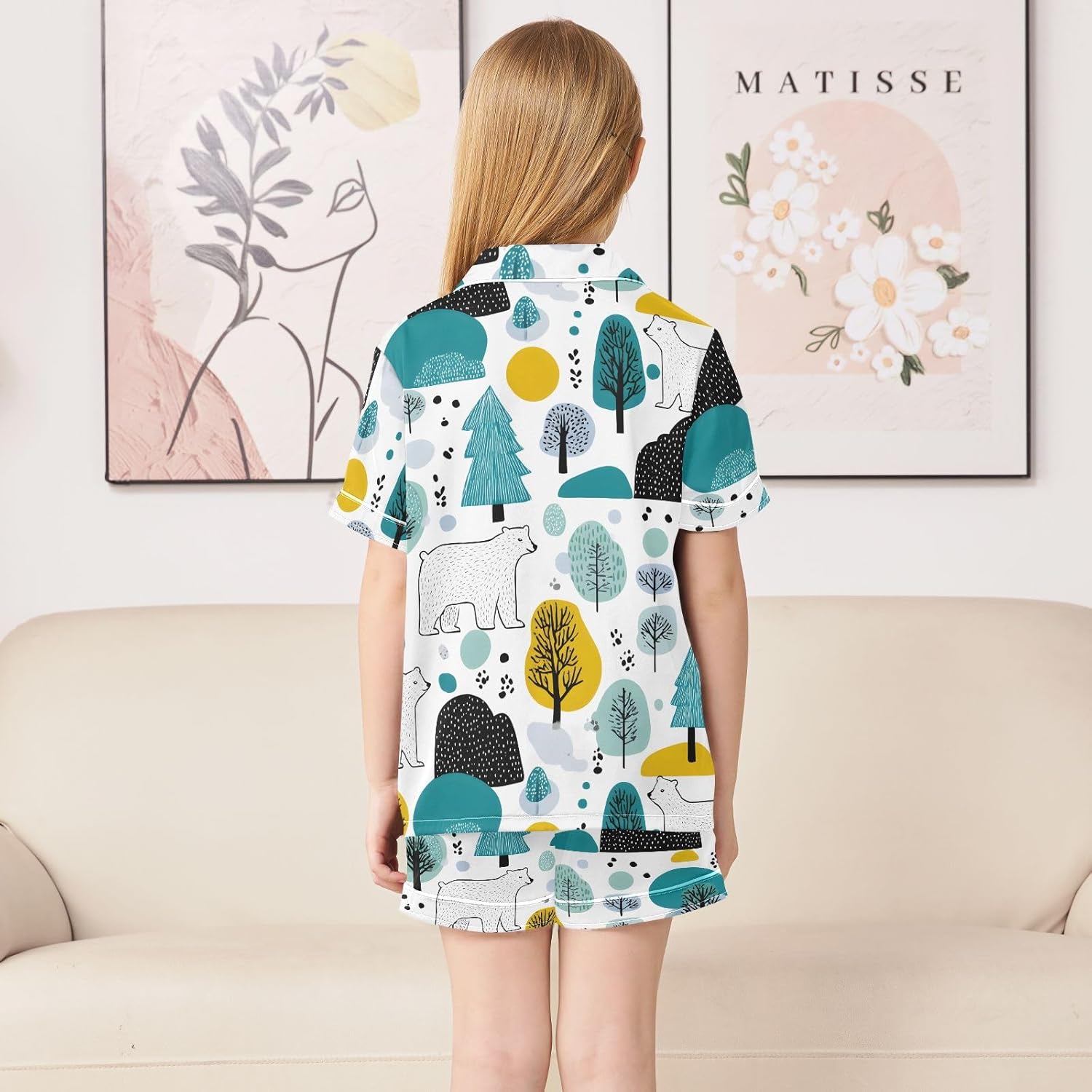 Kids Satin Wear Set Bear Tree Pattern Relaxed Fit Clothing Short Sleeve and Shorts