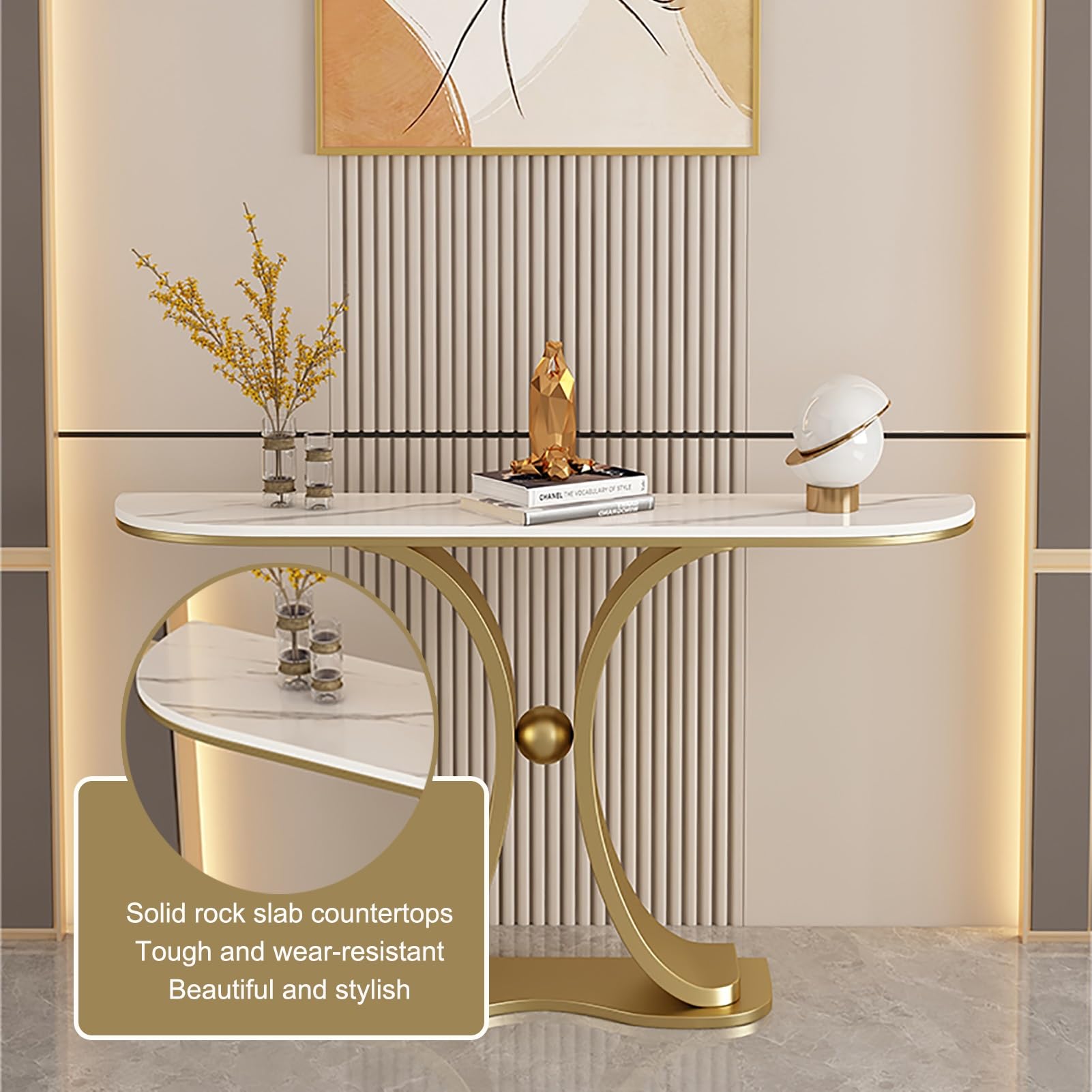 Consolle per Ingresso, tavolino Stretto e Lungo per Foyer con Base Geometrica in Metallo, tavolino d'appoggio per Soggiorno, Ingresso, corridoio, Camera da Letto (2.120 cm/47,5 Pollici)