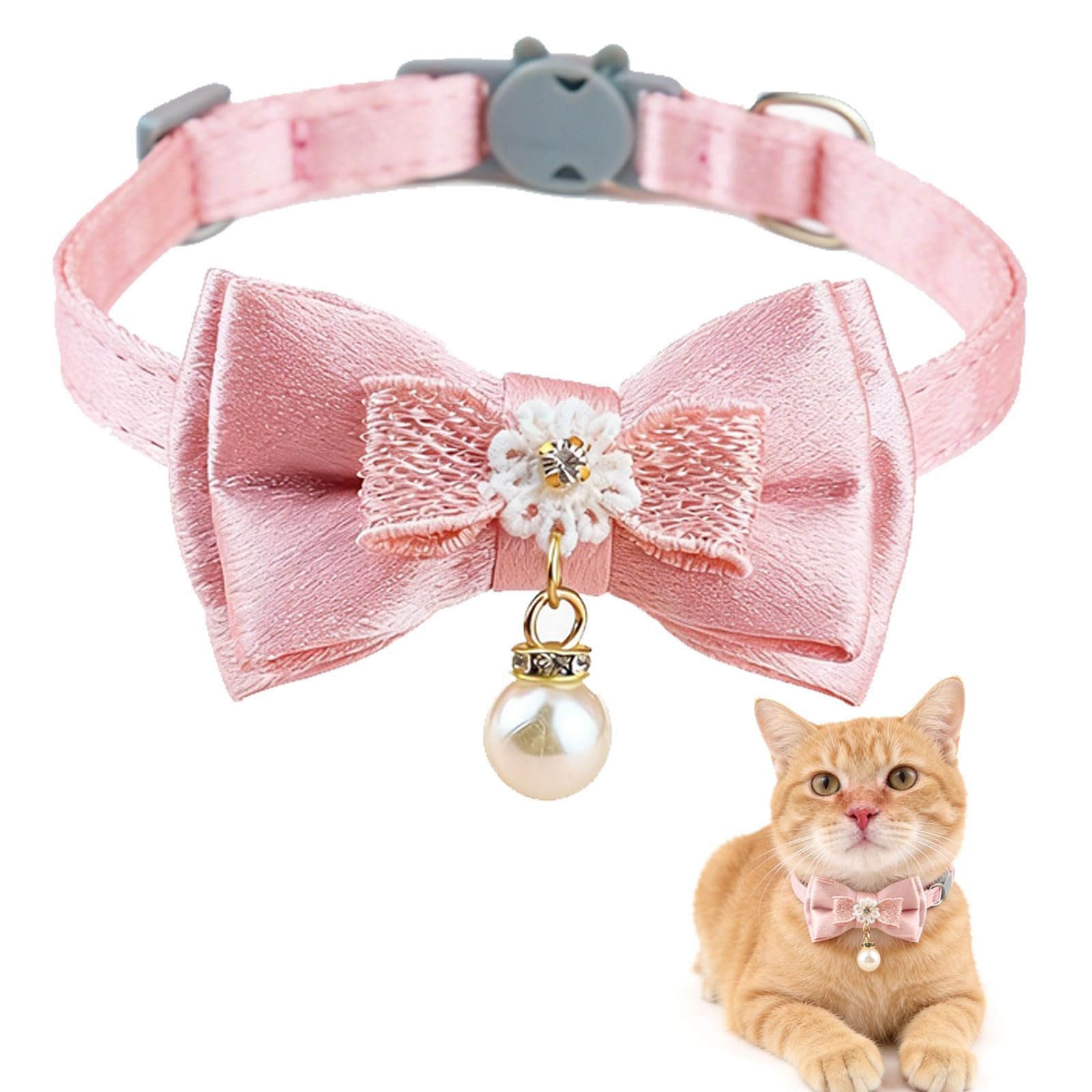 Adjustable Cat Necklace with Safety Clasp, Pink Kitten Necklace with Pearl Pendant and Bow, Cute Cat Necklace