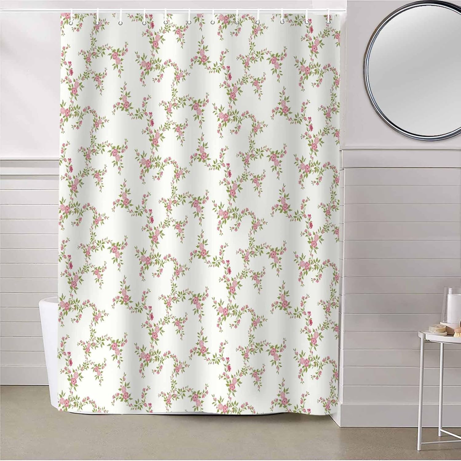 Pink Green Flower Floral Shower Curtain Set with Hook 72" x 96",Country French Romantic Botanical Washable Cloth Polyester Fabric Shower+Curtain,Waterproof Bath Curtains for Bathroom,Showers,Bathtubs