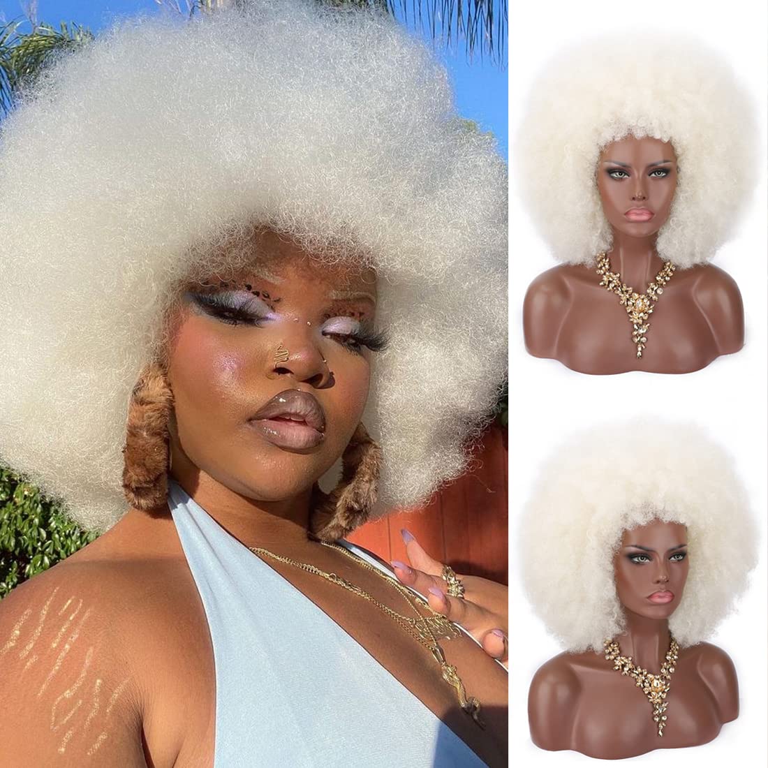 Kalyss 16" Women's Short Afro Kinky Curly Hair Platinum Wigs for Black Women Large Bouncy and Soft Natural Looking Premium Synthetic Hair Wigs for Women,150% Density