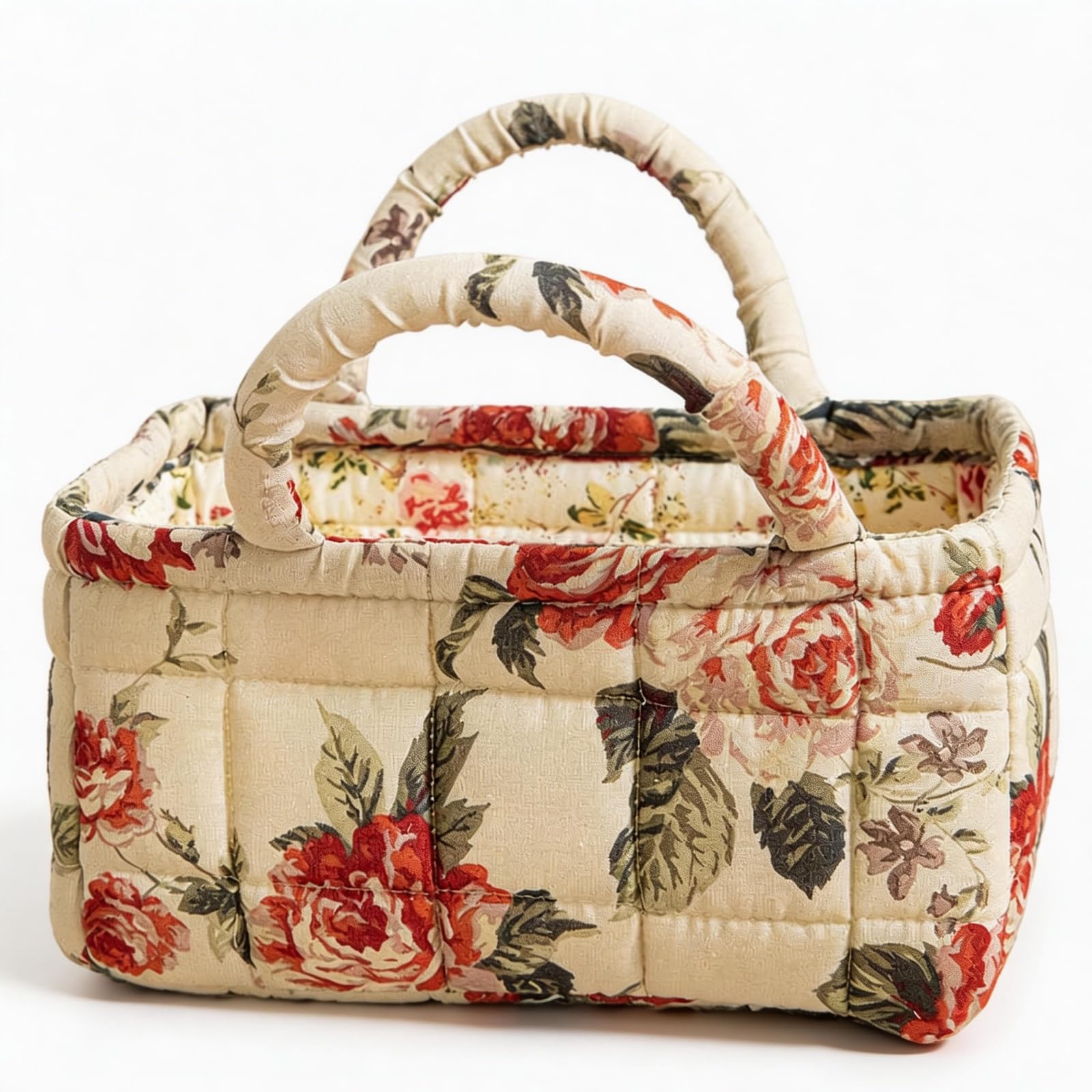 Vintage Floral Print Quilted Storage Basket Foldable with Handles Portable Snack Laundry Bathroom Cosmetic Skincare Organizer for WomenBedroom Essentials (05)