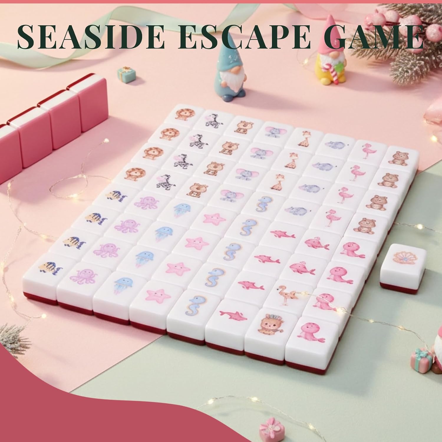 Mahjong Block Set, 65 pcs vita Mahjong Game Set with Handbag, Portable Travel Mahjong Set for Spring Picnic, Party Gift, Seaside Game & Beach Block Games (Forest Animals and Marine Creatures)