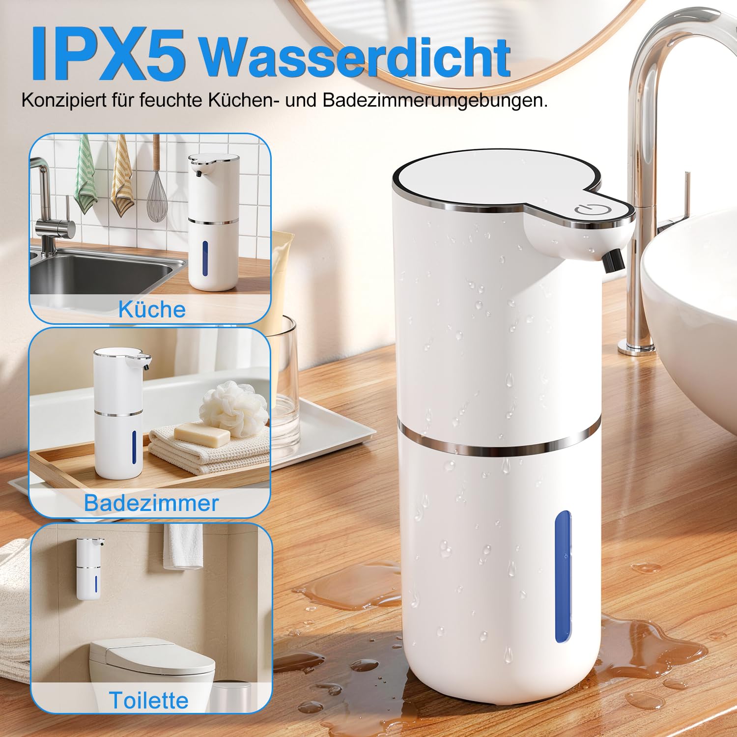 Automatyczny dozownik mydła w płynie, bezdotykowy z czujnikiem, 380 ml, montaż ścienny, ładowanie przez USB, IPX5, 4-stopniowy, regulowany elektryczny dozownik mydła do łazienki i kuchni, biały